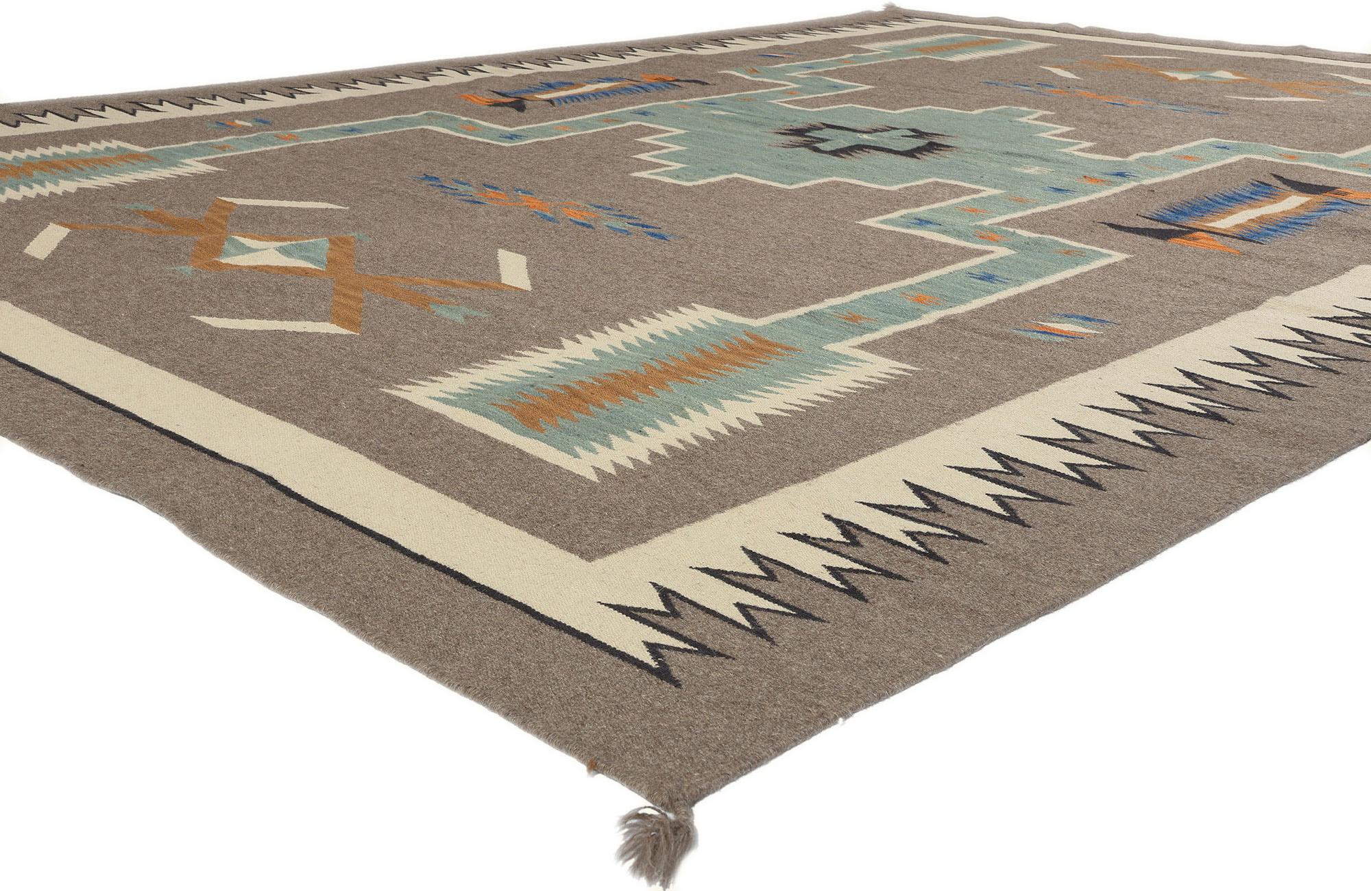 81026 Southwestern Navajo-Style Rug with Storm Pattern, 08'10 x 12'03. Embark on a magical journey through the enchanting fusion of Santa Fe and Southwestern styles within this meticulously handwoven Navajo-inspired rug, unveiling the timeless