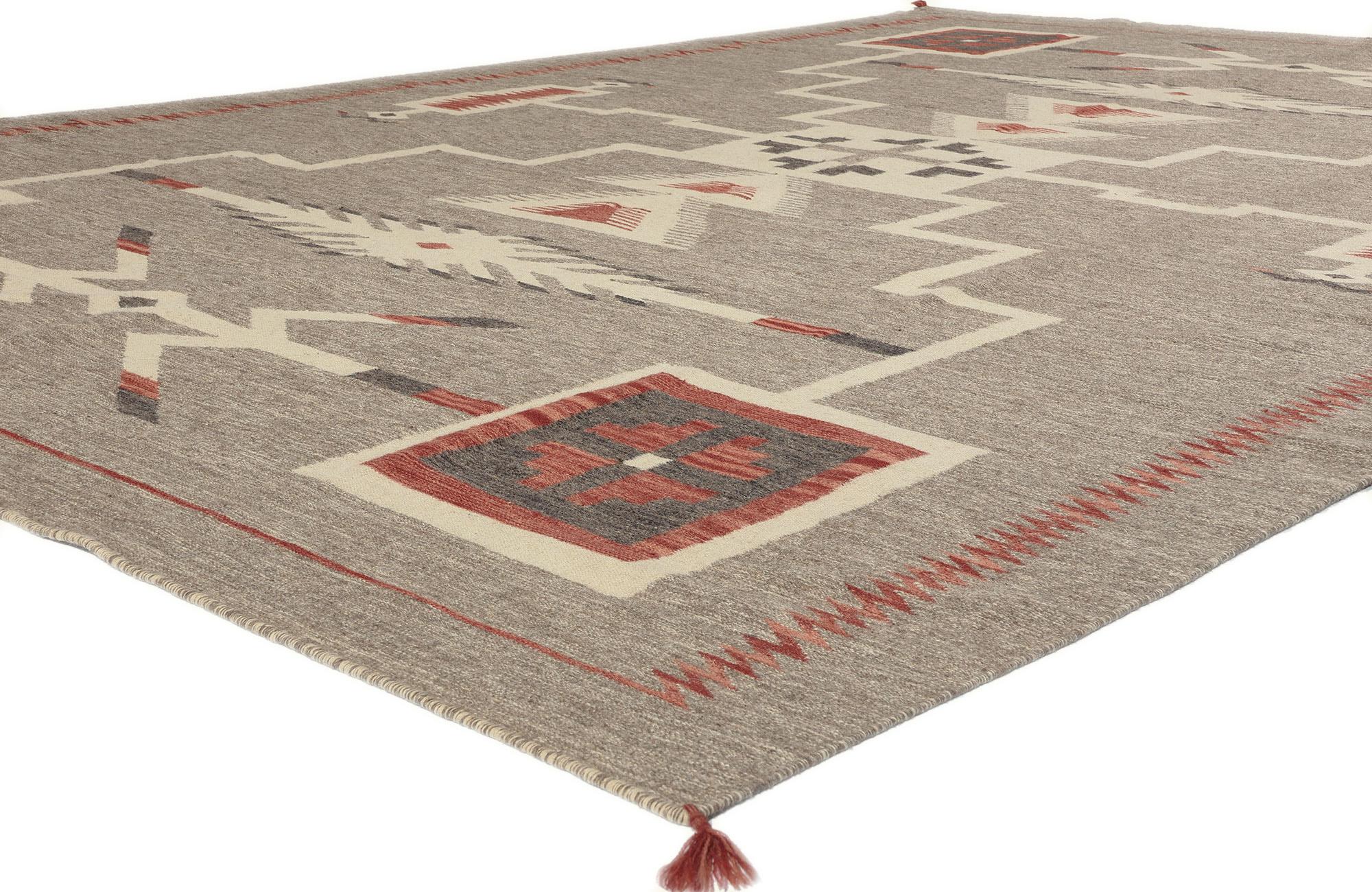 81027 Southwestern Navajo-Style Rug with Storm Pattern, 08'10 x 12'03. In the captivating realm of Santa Fe design aesthetics, immerse yourself in the enchanting fusion of Southwest and Modern style within this meticulously handwoven Navajo-inspired