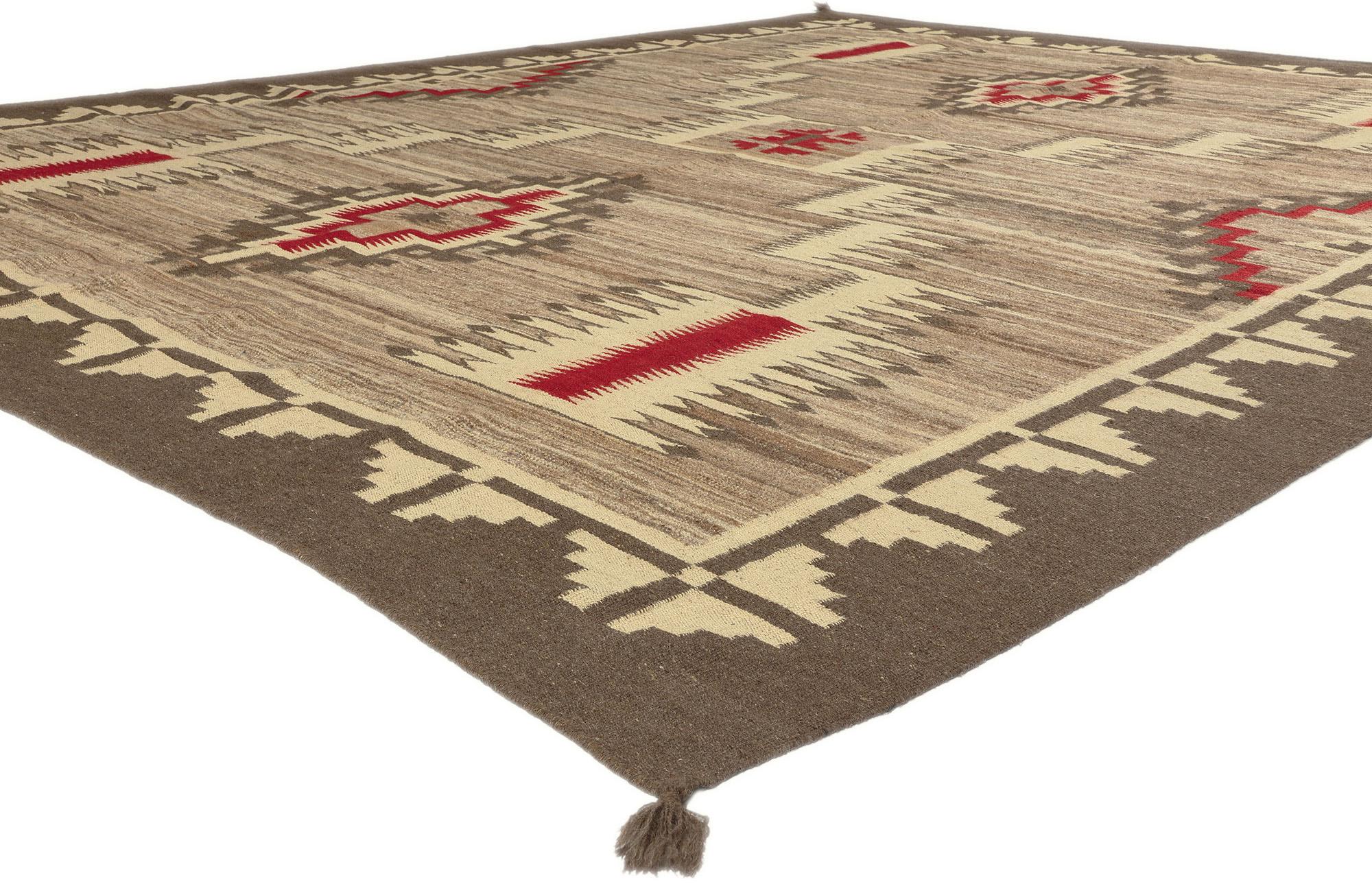 81033 Southwest Modern Navajo-Style Kilim Rug with Storm Pattern, 09'04 x 11'07. Step into the contemporary world of Native American design aesthetics and experience the convergence of Southwestern and Desert Modern styles within this meticulously