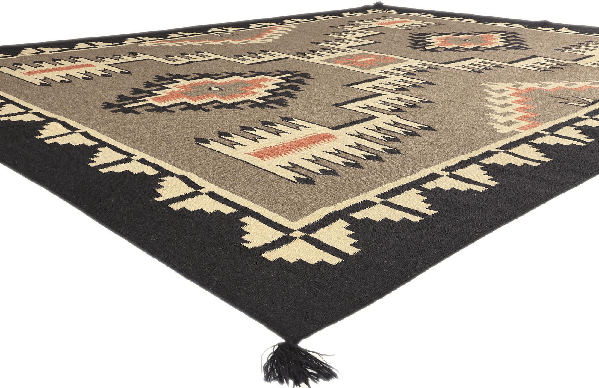 81023 Southwestern Navajo-Style Rug with Storm Pattern, 09'01 x 11'07. Enter the serene convergence of Native American design aesthetics, where the Shibui philosophy gracefully melds with the seamless fusion of Southwestern and Desert Modern styles