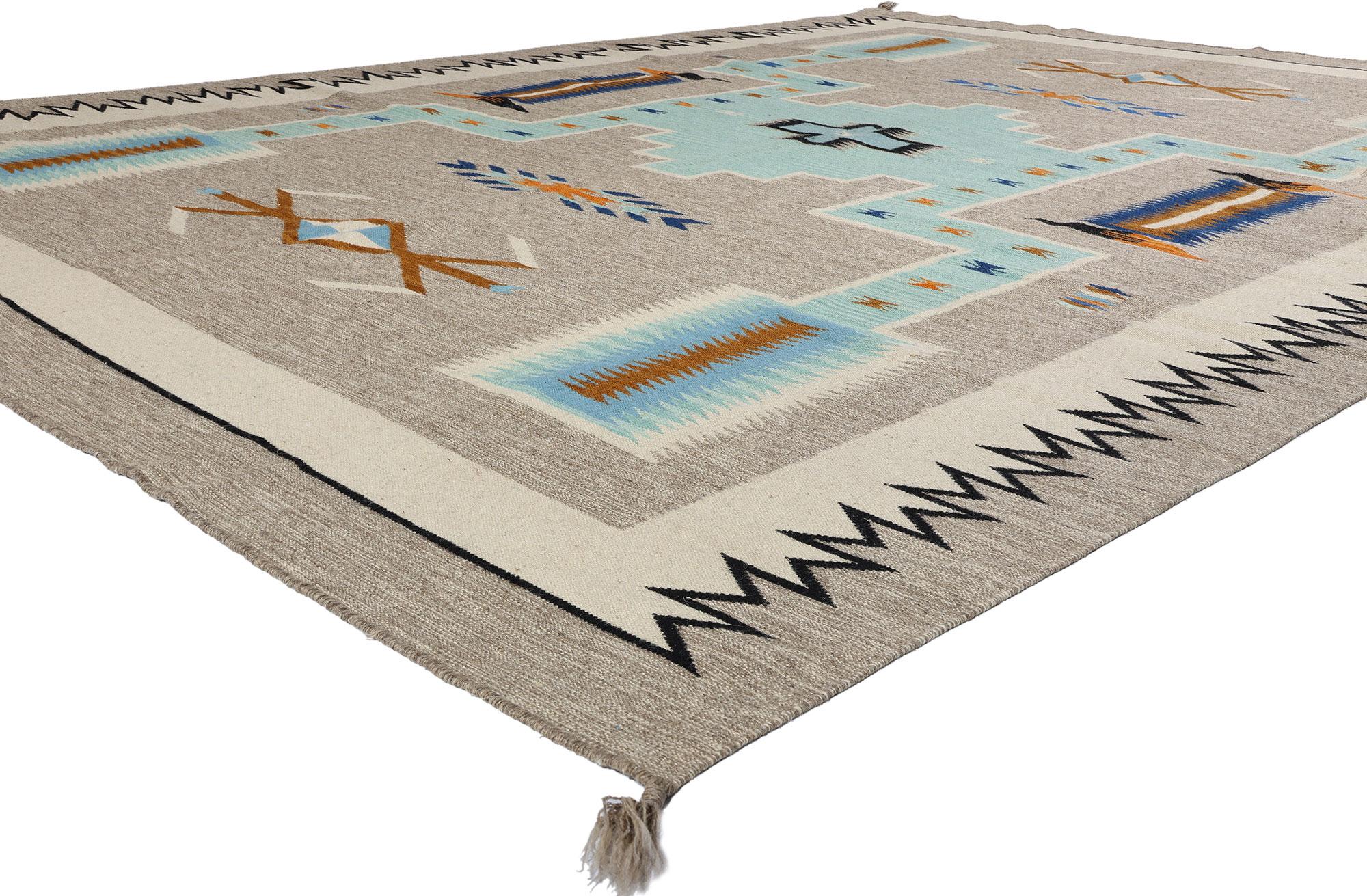 81020 Southwestern Navajo Style Rug with Storm Pattern, 08'11 x 12'00. Explore the captivating fusion of Santa Fe and Southwestern styles within this meticulously handwoven Navajo-inspired rug, showcasing the timeless Storm Pattern—an iconic design