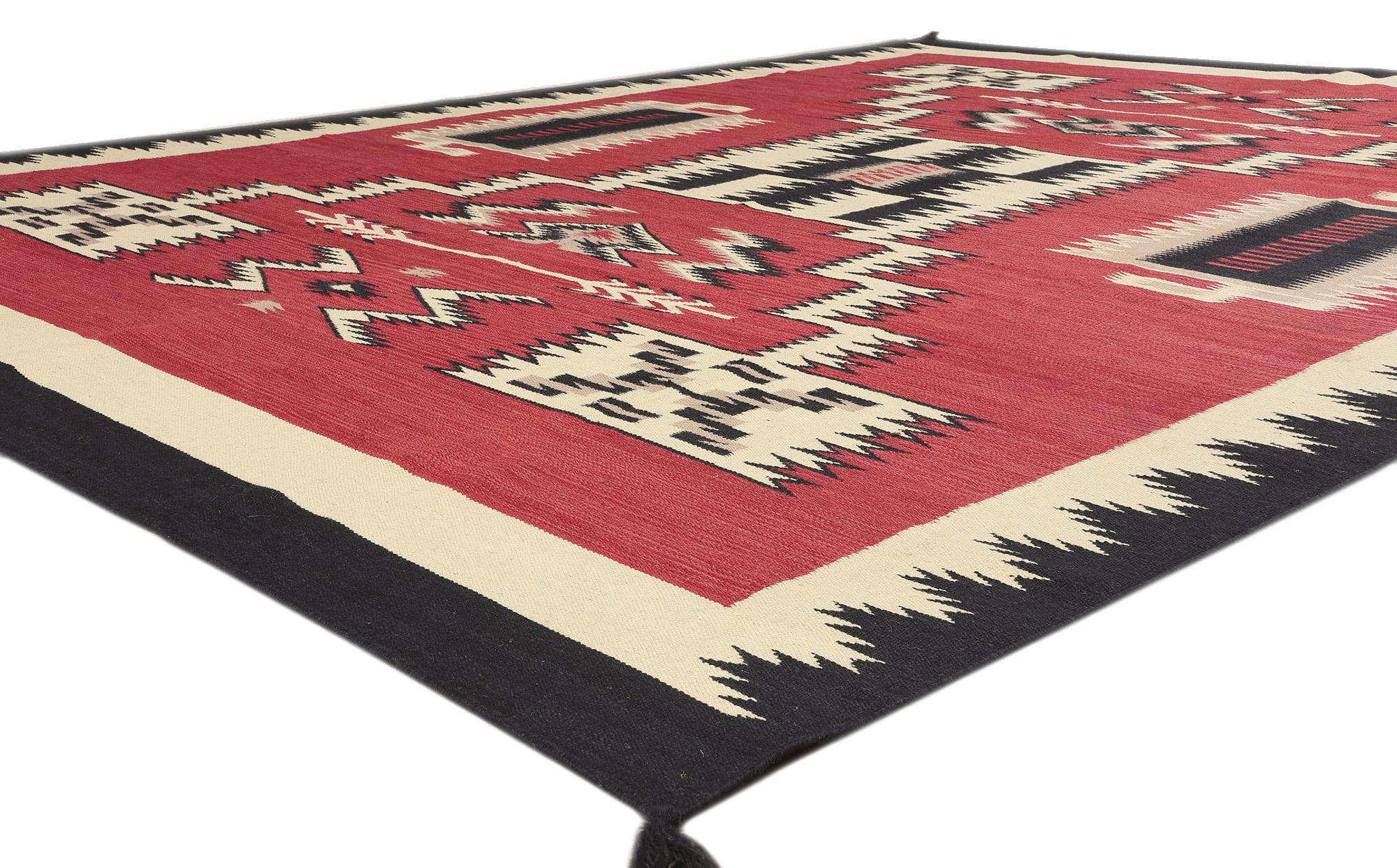 81024 Southwestern Red Navajo-Style Rug with Storm Pattern, 09'00 x 11'09. Step into the captivating realm of contemporary Native American design aesthetics, where masculine geometry is balanced by feminine intricacy in this meticulously handwoven