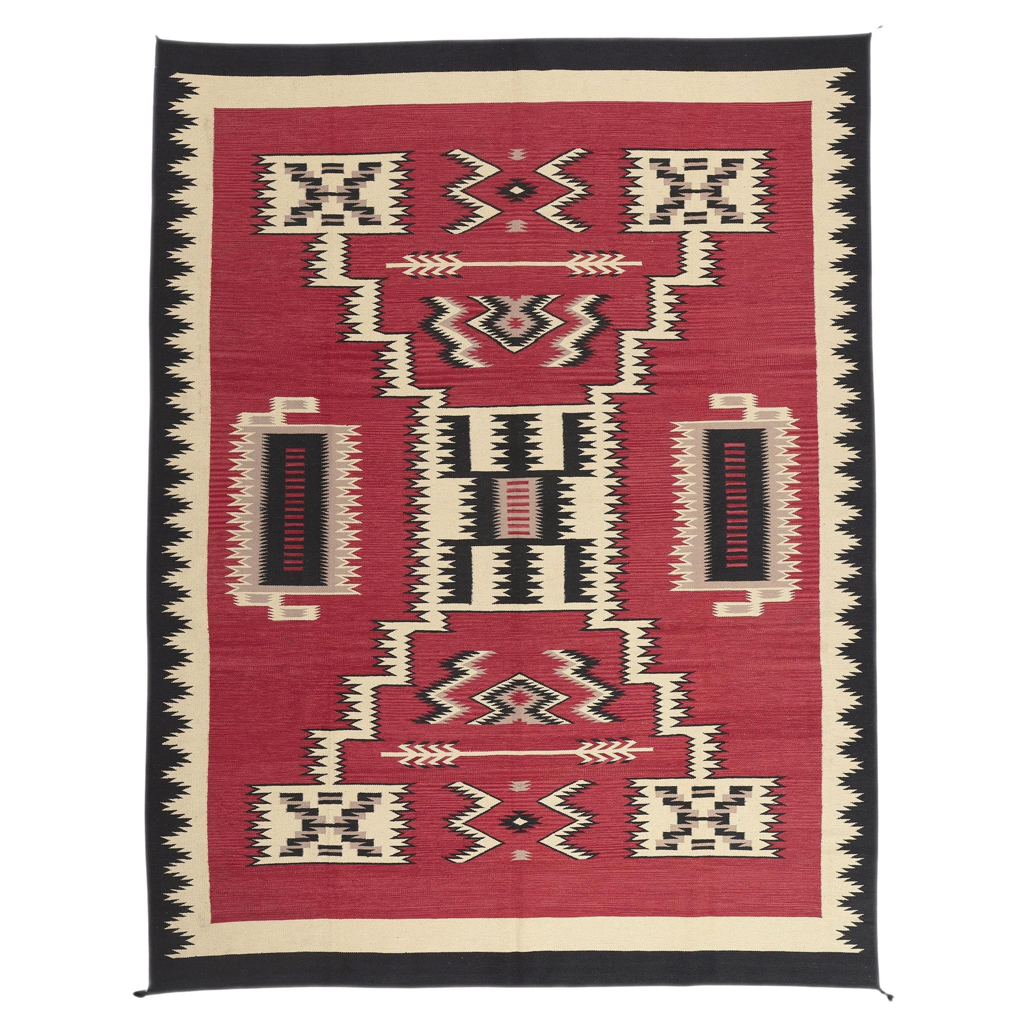 Contemporary Santa Fe Southwest Modern Red Navajo-Style Rug with Storm Pattern For Sale