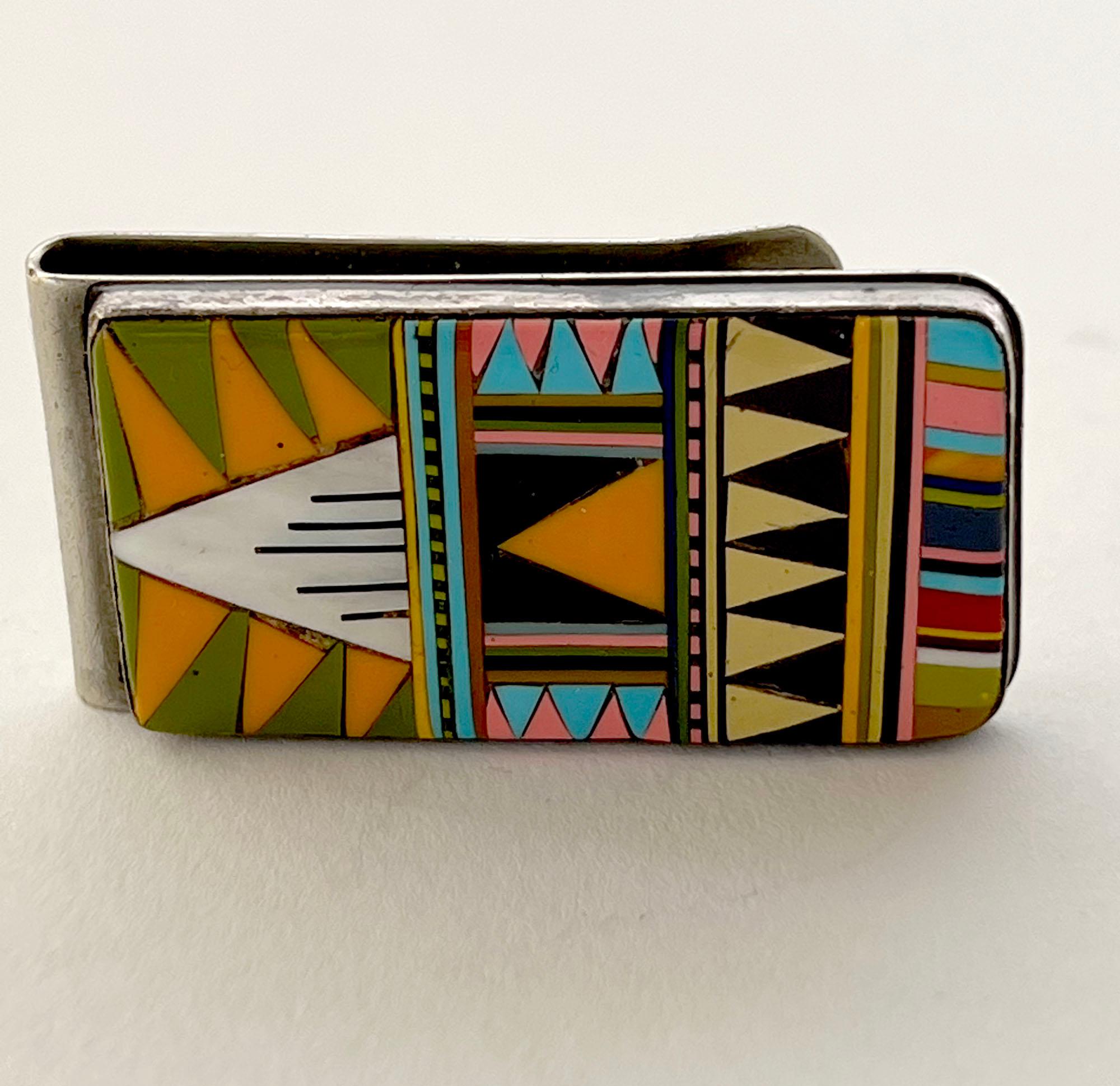 Native American Southwest Mother of Pearl Turquoise Enamel Inlay Sterling Silver Mens Money Clip