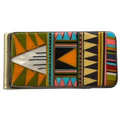 Southwest Mother of Pearl Turquoise Enamel Inlay Sterling Silver Mens Money Clip