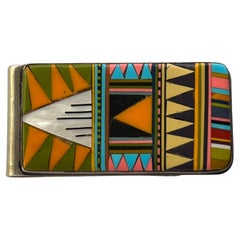 Vintage Southwest Mother of Pearl Turquoise Enamel Inlay Sterling Silver Mens Money Clip