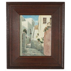 Southwest Pueblo Taos School Watercolor Painting & Arts & Crafts Oak Frame c1910