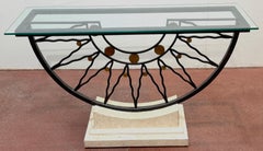 Southwest Style Mid-Century Sunburst Console Table Travertine Base and Glass Top