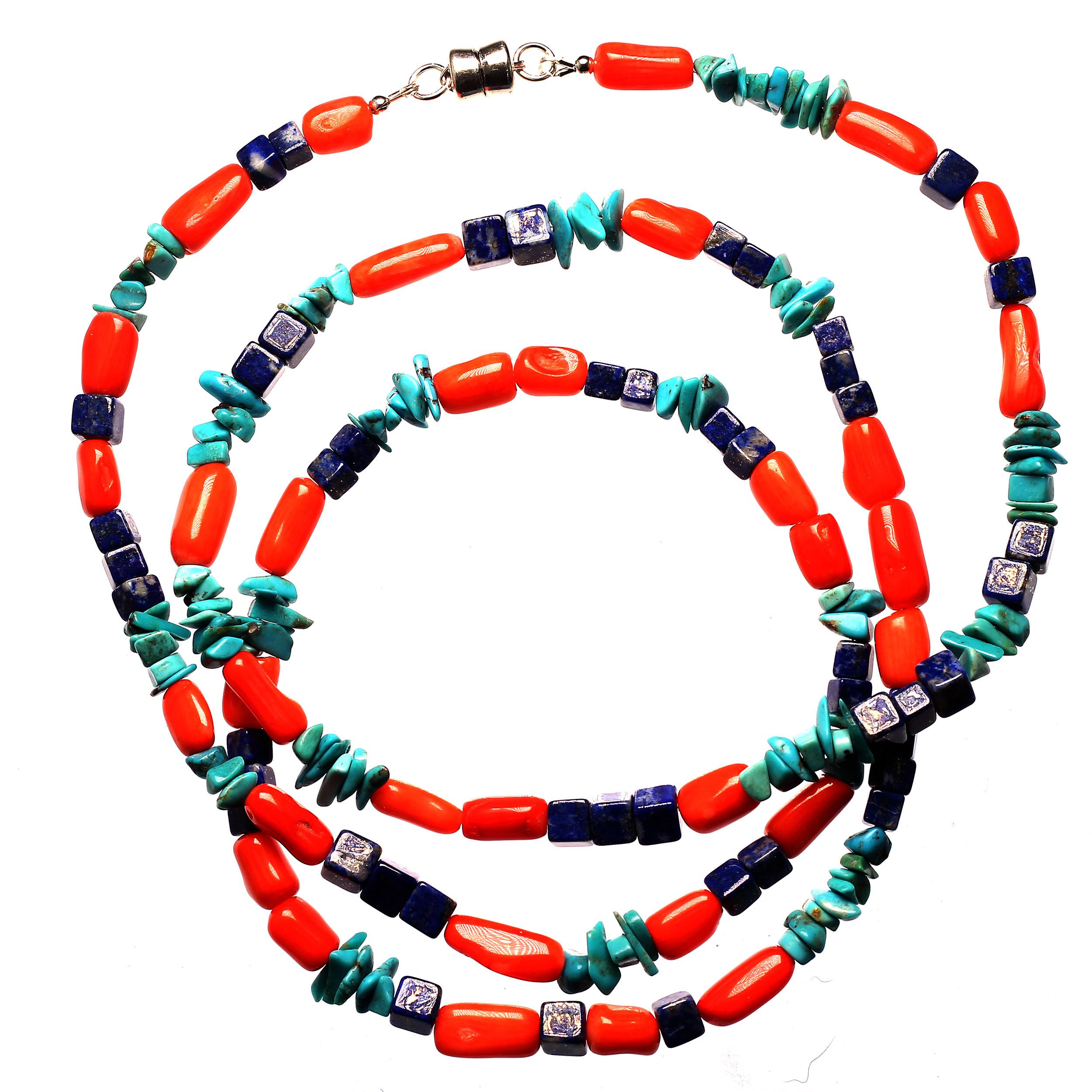 Gemjunky Southwest Style Necklace of Coral, Lapis, and Turquoise 3