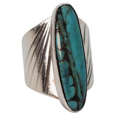 Vintage Southwest Style Oblong Turquoise Sterling Silver Adjustable Band Ring