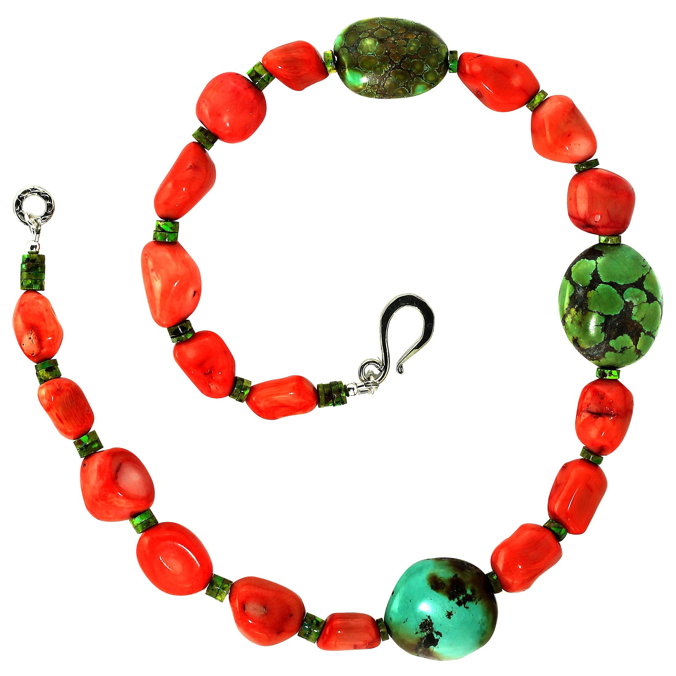 Contemporary look for you Southwest fans.  These peach tone bamboo Coral are a lovely contrast to the greenish to the yellow, not quite Chartreuse,  Hubei Turquoise nuggets. The three Hubei Turquoise nuggets are the stars in between the highly