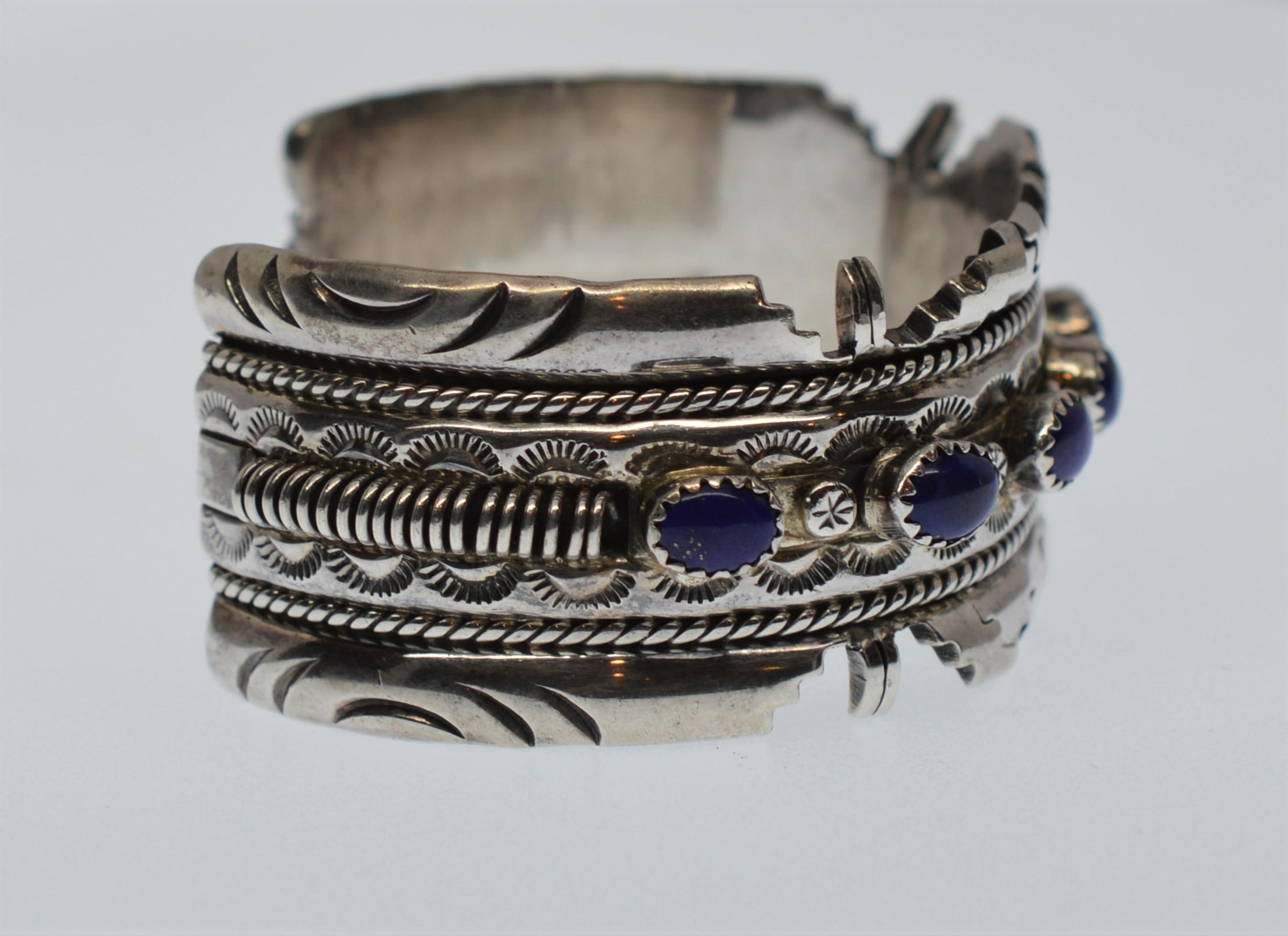 Women's or Men's Southwest Style Sterling Silver & Lapis Cuff Bracelet and Matching Ring 