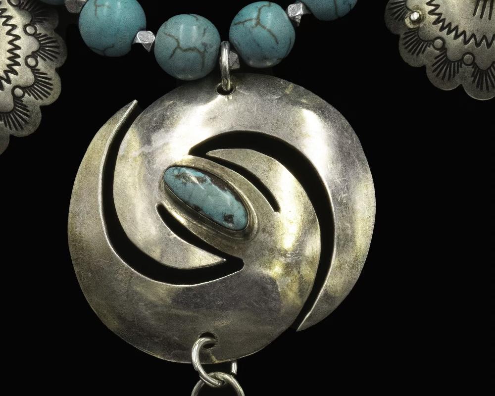 Fabulous Southwest style,sterling silver and turquoise one of a kind,handmade necklace from Lorraine’s Bijoux is on offer. The central piece was purchased in Santa Fe on one of my many buying trips and the sterling concha is from a vintage belt