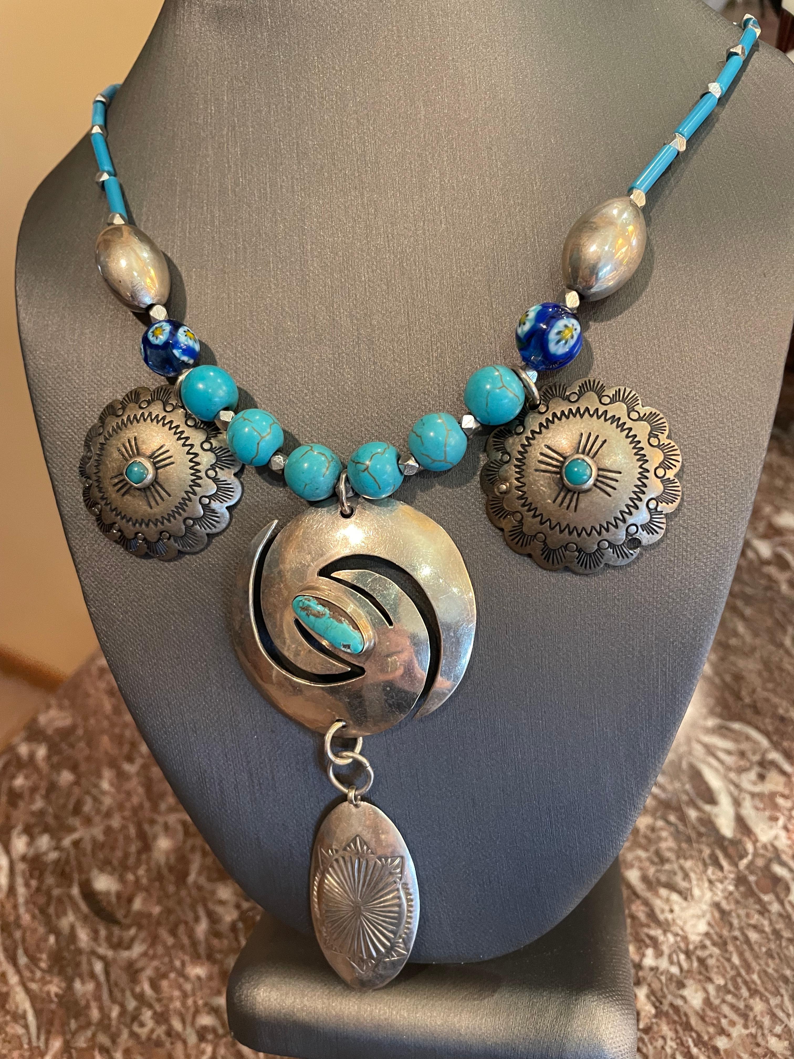 Southwest style, sterling silver and turquoise , one of a kind , handmade neckla For Sale 1