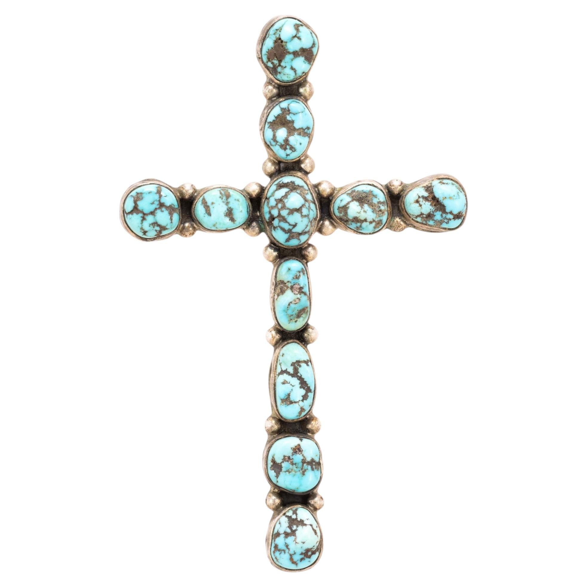 Southwest Turquoise and Sterling Silver Cross Pendant For Sale