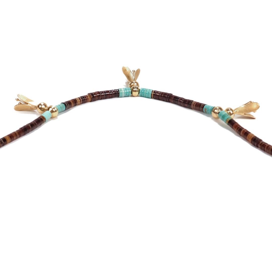 Southwestern 14k Gold Turquoise & Agate Beaded Squash Blossom Necklace For Sale 5