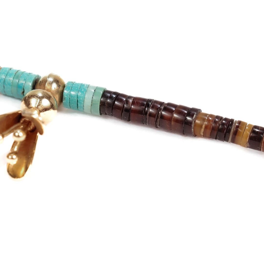 Southwestern 14k Gold Turquoise & Agate Beaded Squash Blossom Necklace For Sale 7