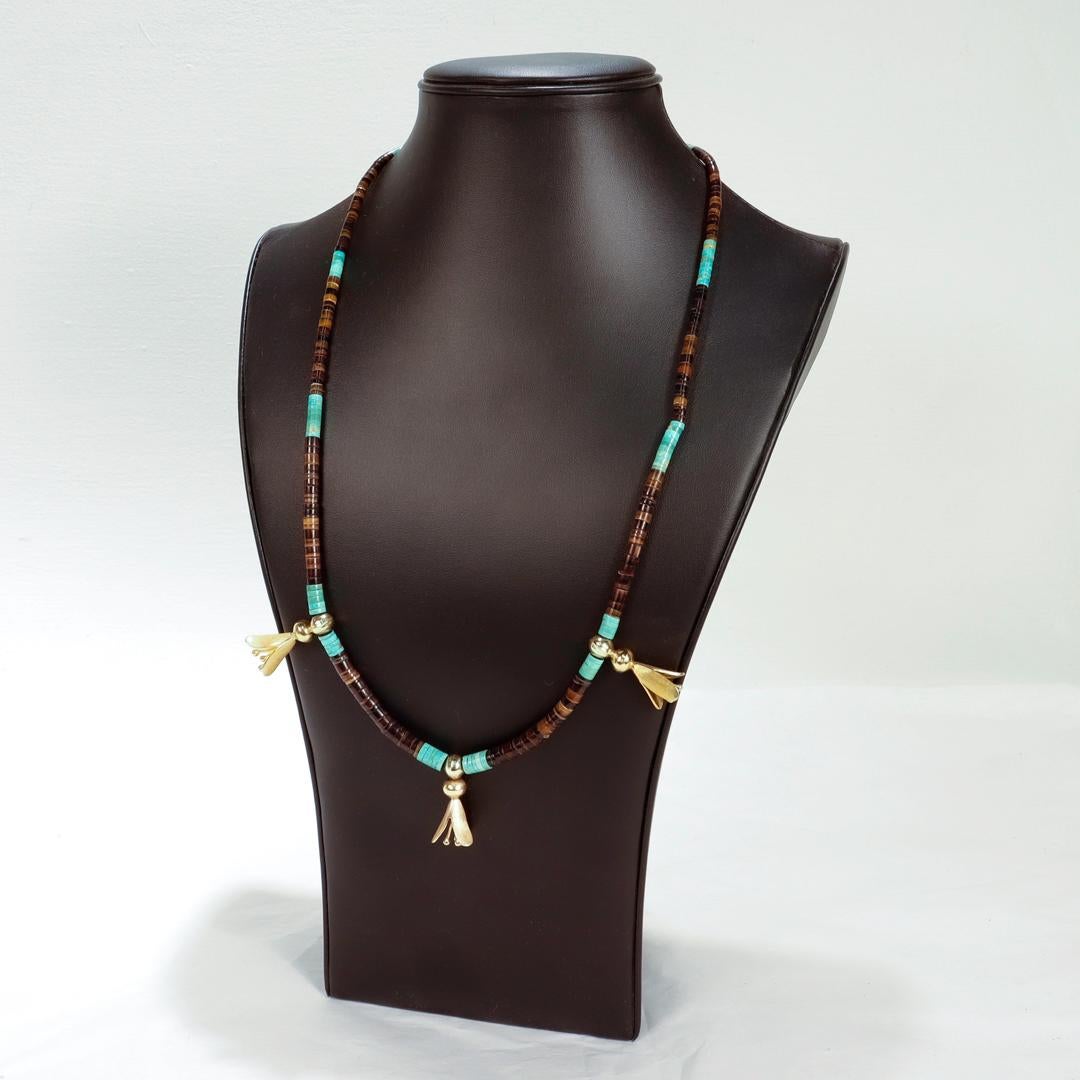Native American Southwestern 14k Gold Turquoise & Agate Beaded Squash Blossom Necklace For Sale