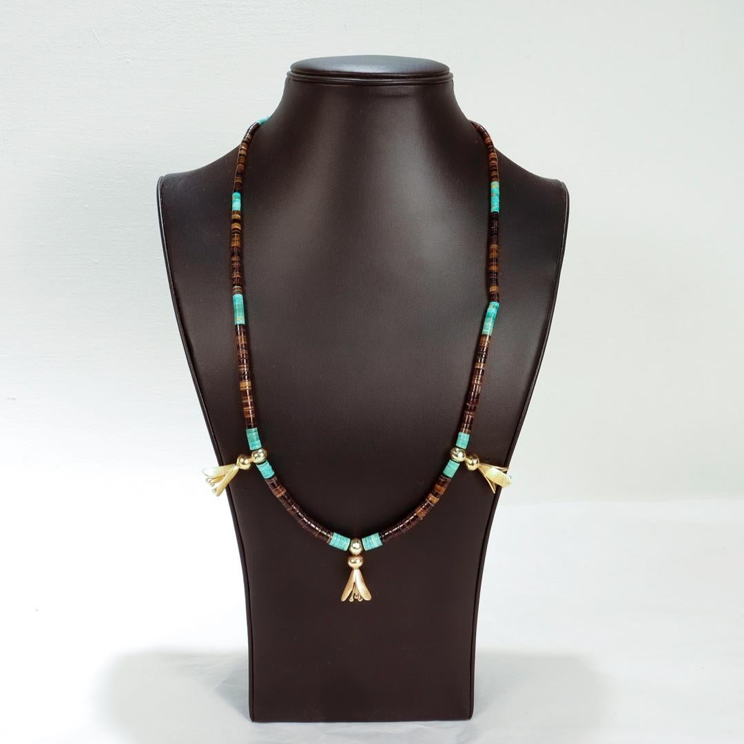 Round Cut Southwestern 14k Gold Turquoise & Agate Beaded Squash Blossom Necklace For Sale