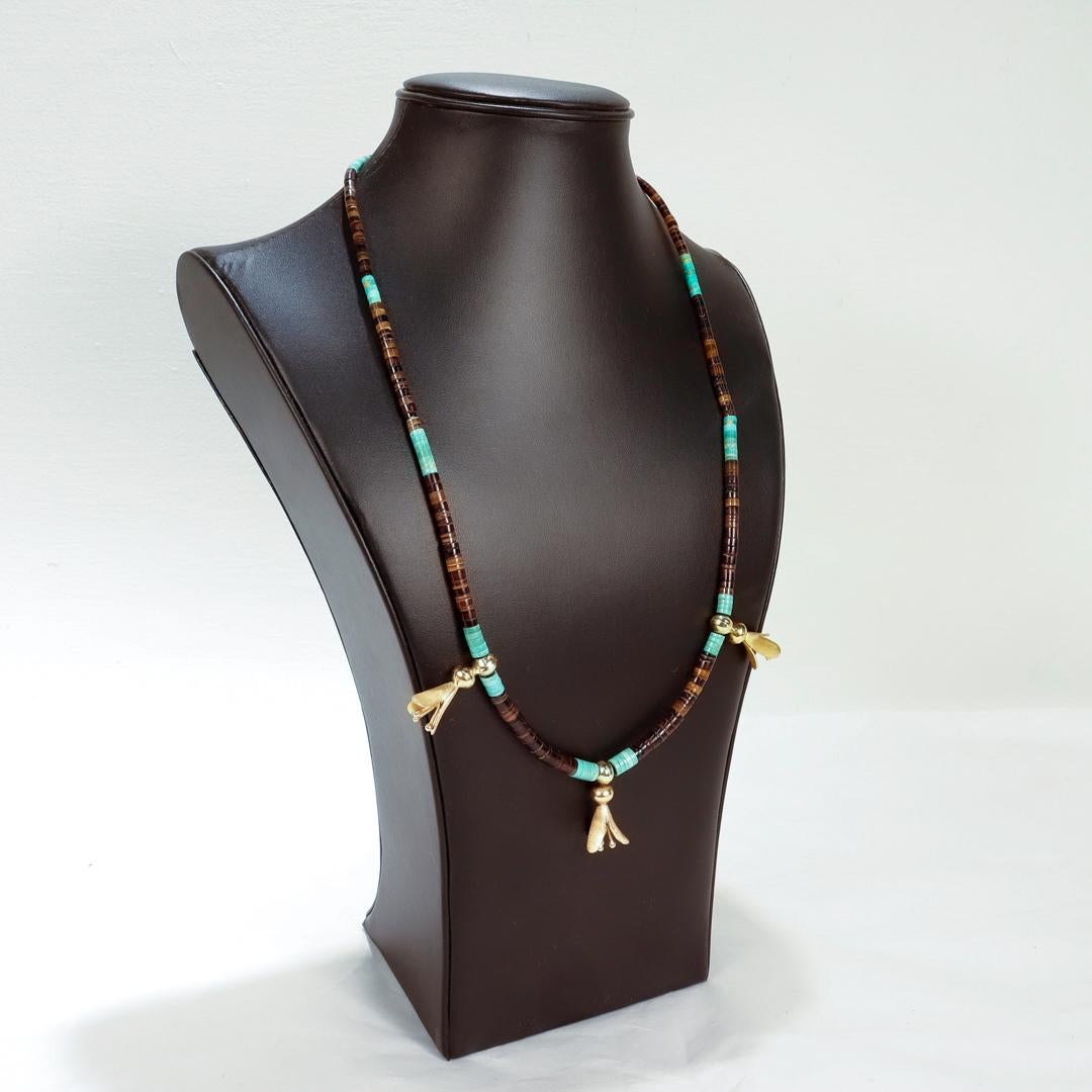 Southwestern 14k Gold Turquoise & Agate Beaded Squash Blossom Necklace In Good Condition For Sale In Philadelphia, PA