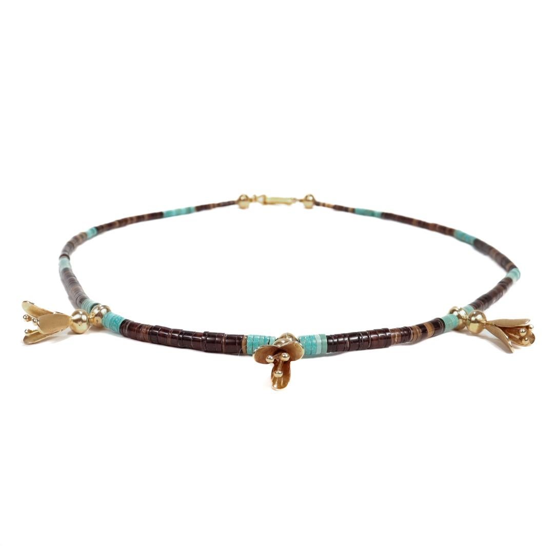 Südwestliche 14k Gold Türkis & Achat Perlen Squash Blossom Halskette im Angebot 2