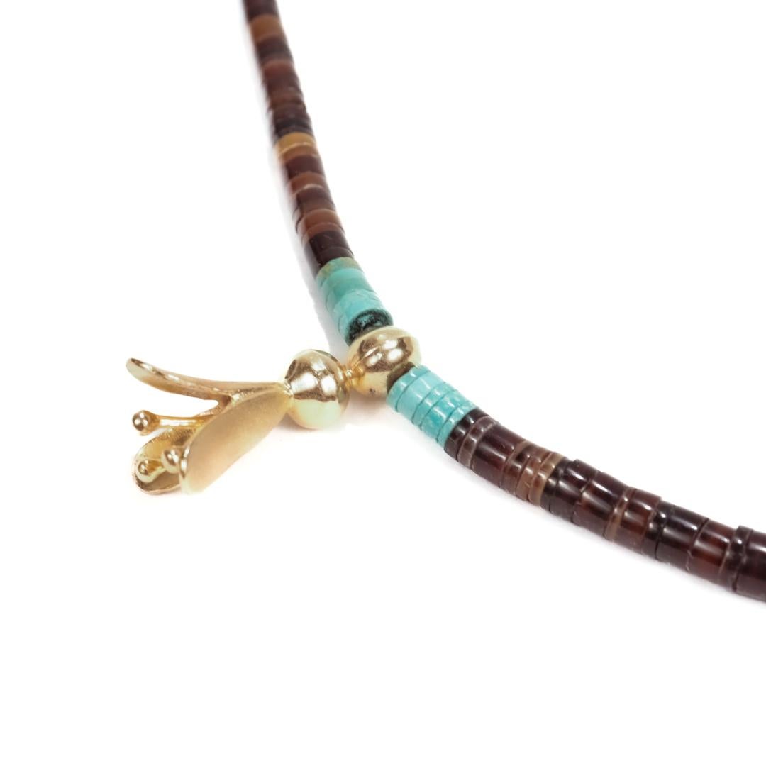 Southwestern 14k Gold Turquoise & Agate Beaded Squash Blossom Necklace For Sale 3