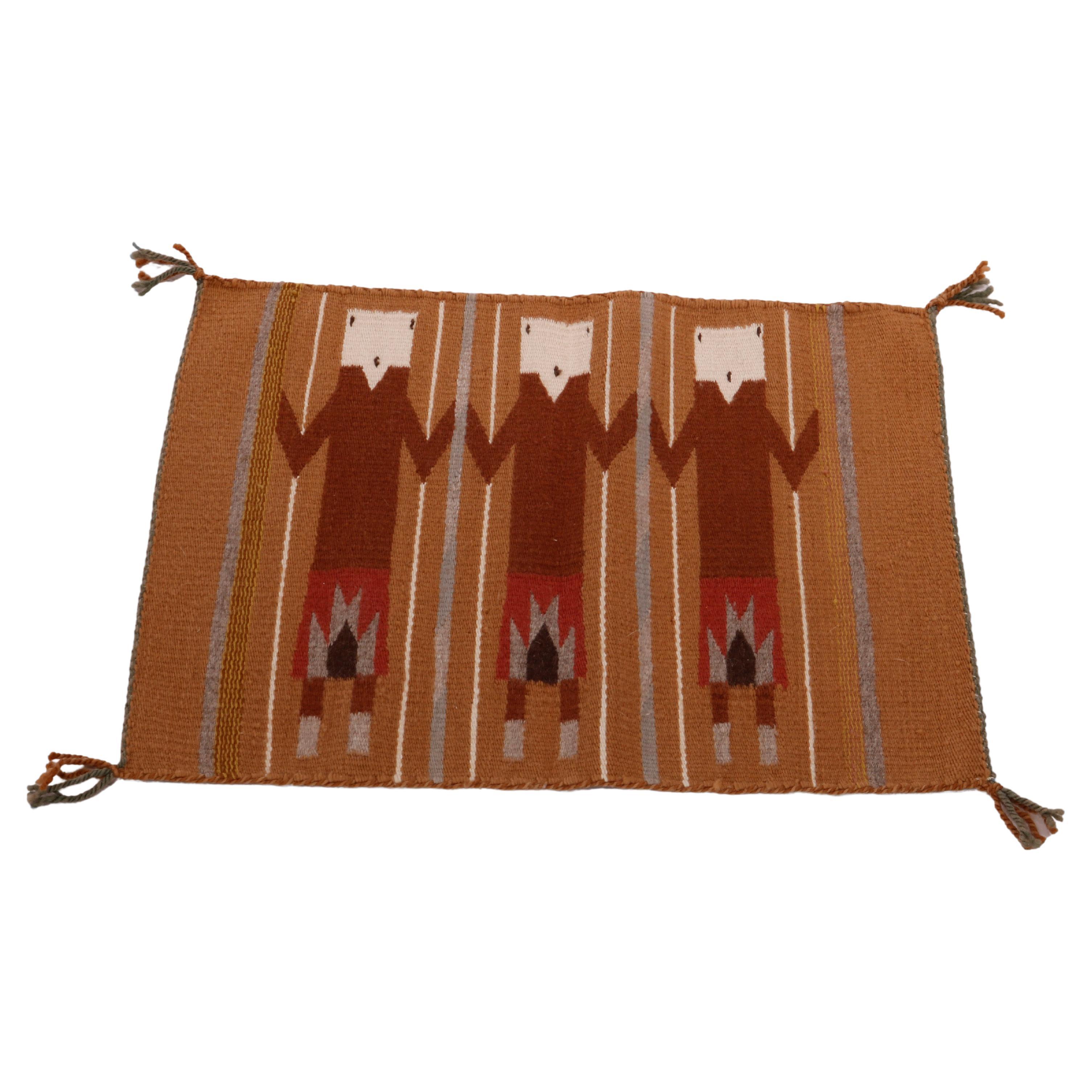 Southwestern American Indian Navajo Triple Yei Hand Woven Wool Rug, 20th C