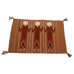 Vintage Southwestern American Indian Navajo Triple Yei Hand Woven Wool Rug, 20th C