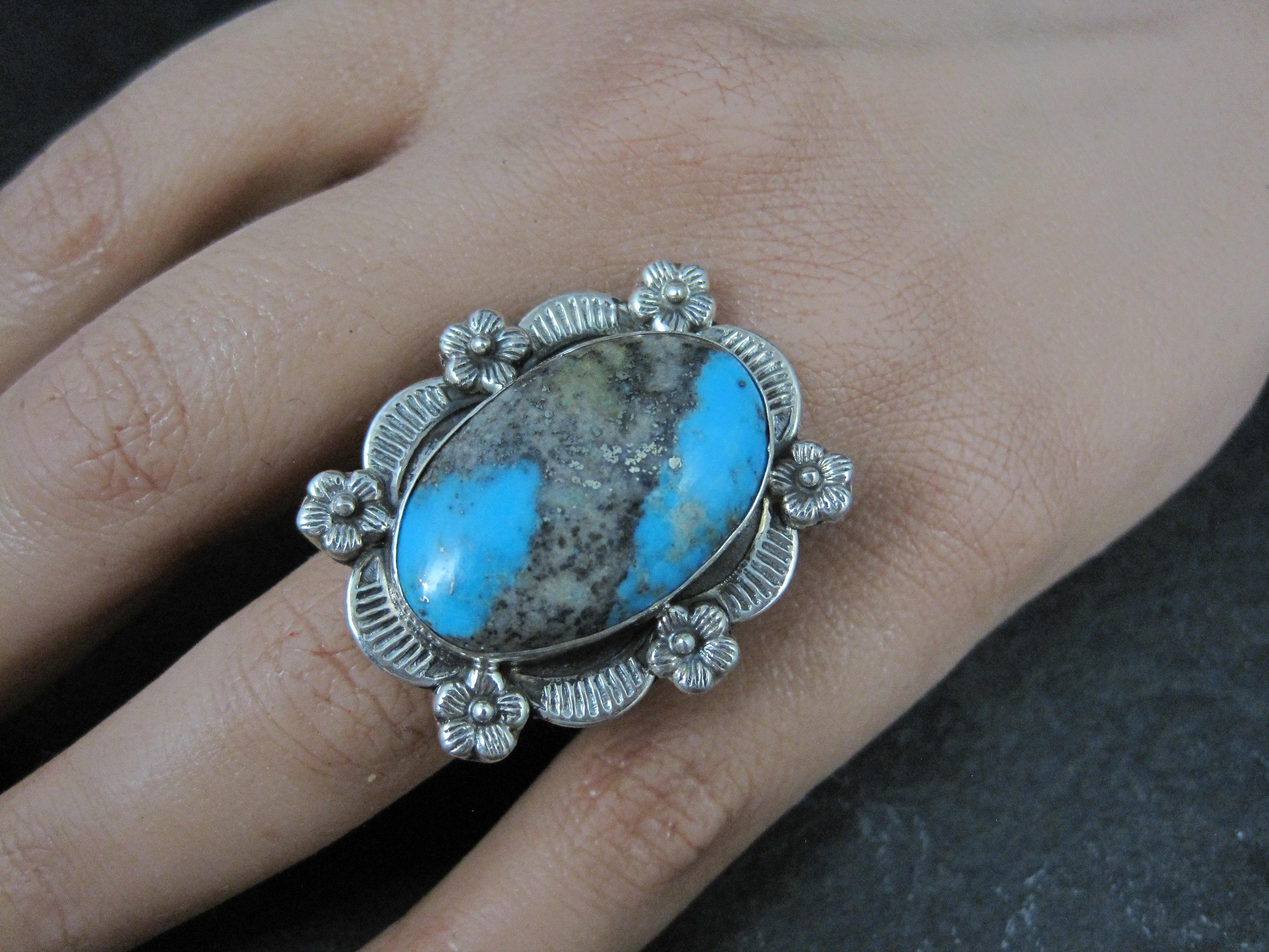 Southwestern Boulder Turquoise Ring Sterling Silver Size 7 For Sale 3