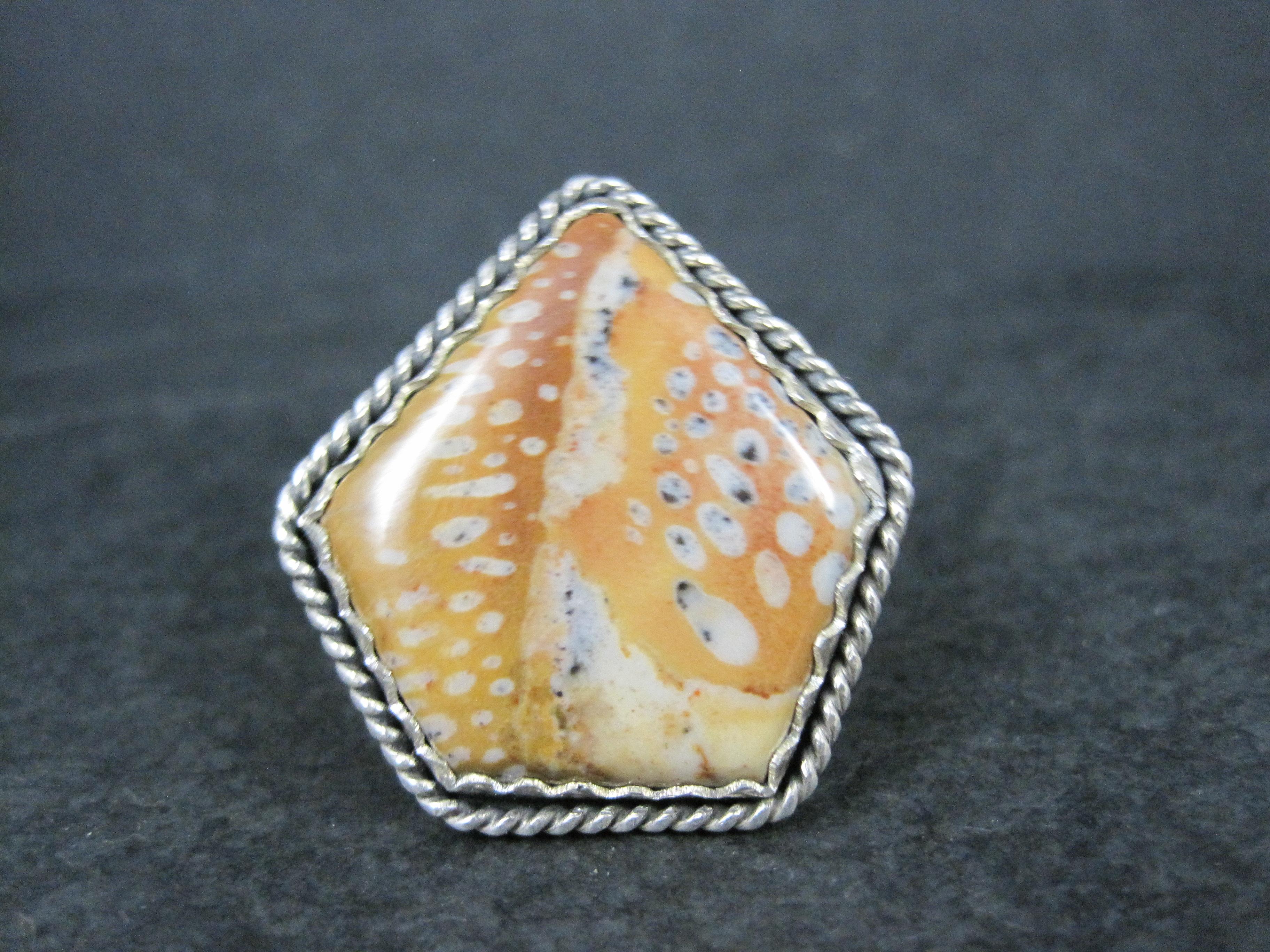 Questo splendido anello del Sud-Ovest è in argento sterling. Presenta una splendida gemma di diaspro fulvo.
Il diaspro fulvo DEAR è noto anche come pietra fulva.
La faccia di questo anello misura 1 1/4 di pollice da est a ovest e 1 1/4 di pollice da