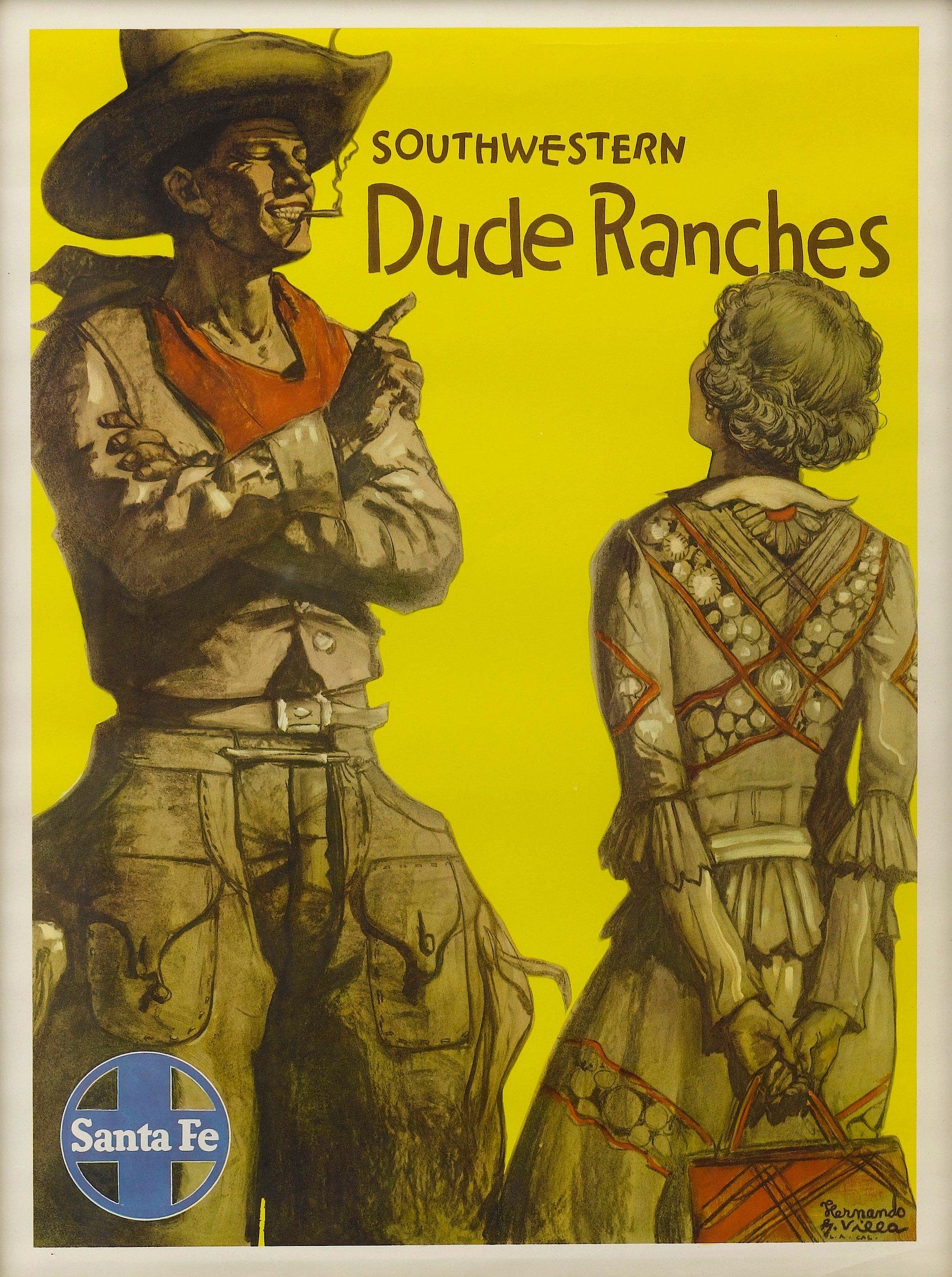 This is a vintage travel poster for the Santa Fe Southern Railway, printed in 1949. This 20th century poster is typical of advertising at the time; it is colorfully vibrant, with simple yet strong graphics. The poster depicts a cowboy from a Dude