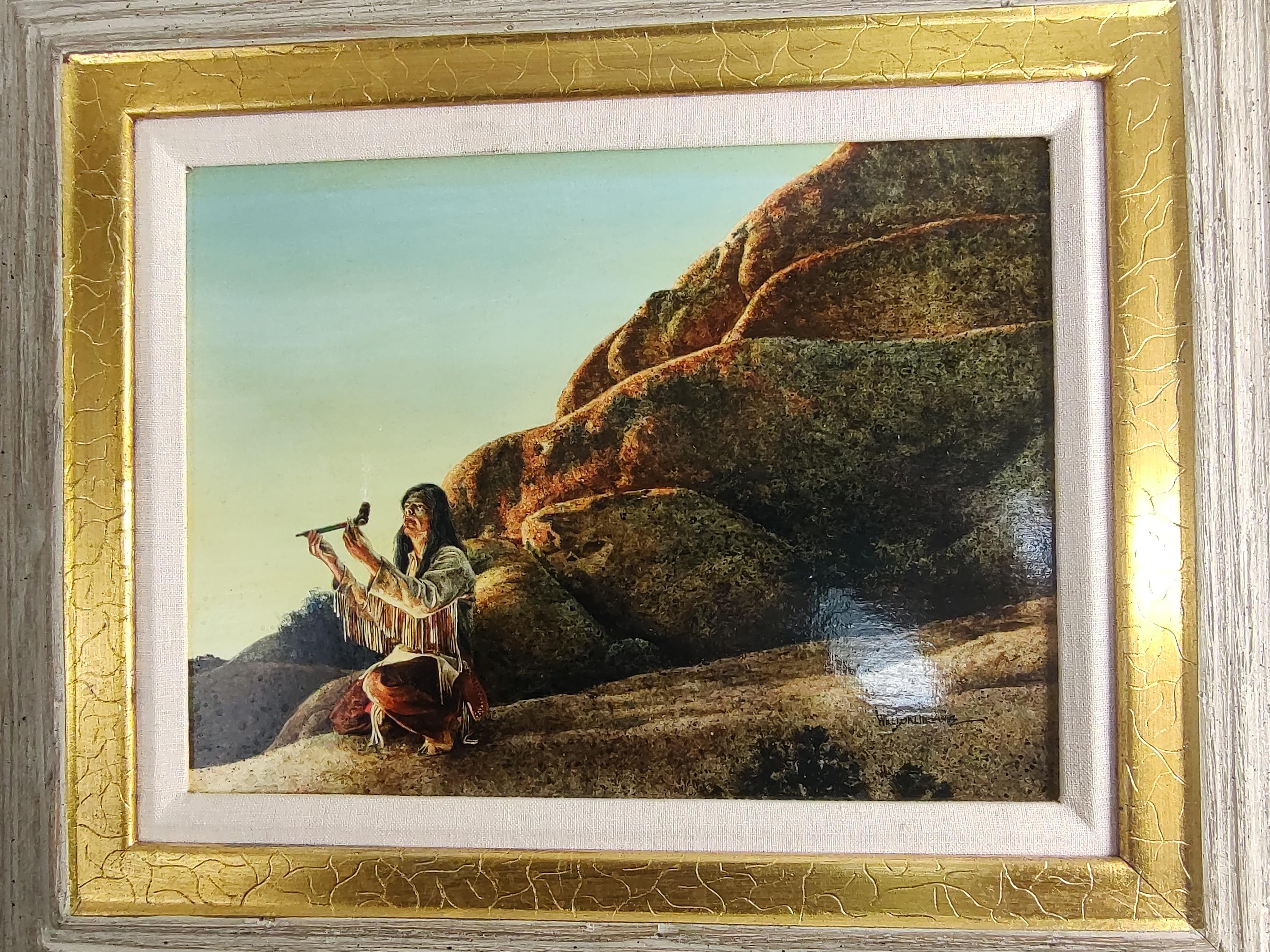 Beautiful Oil on Canvas painting of a southwestern scene showing a native American Indian involved in a peace pipe ceremony. Great technique by William Burlingame, fabulous color. Beautifully framed and in excellent vintage condition. 