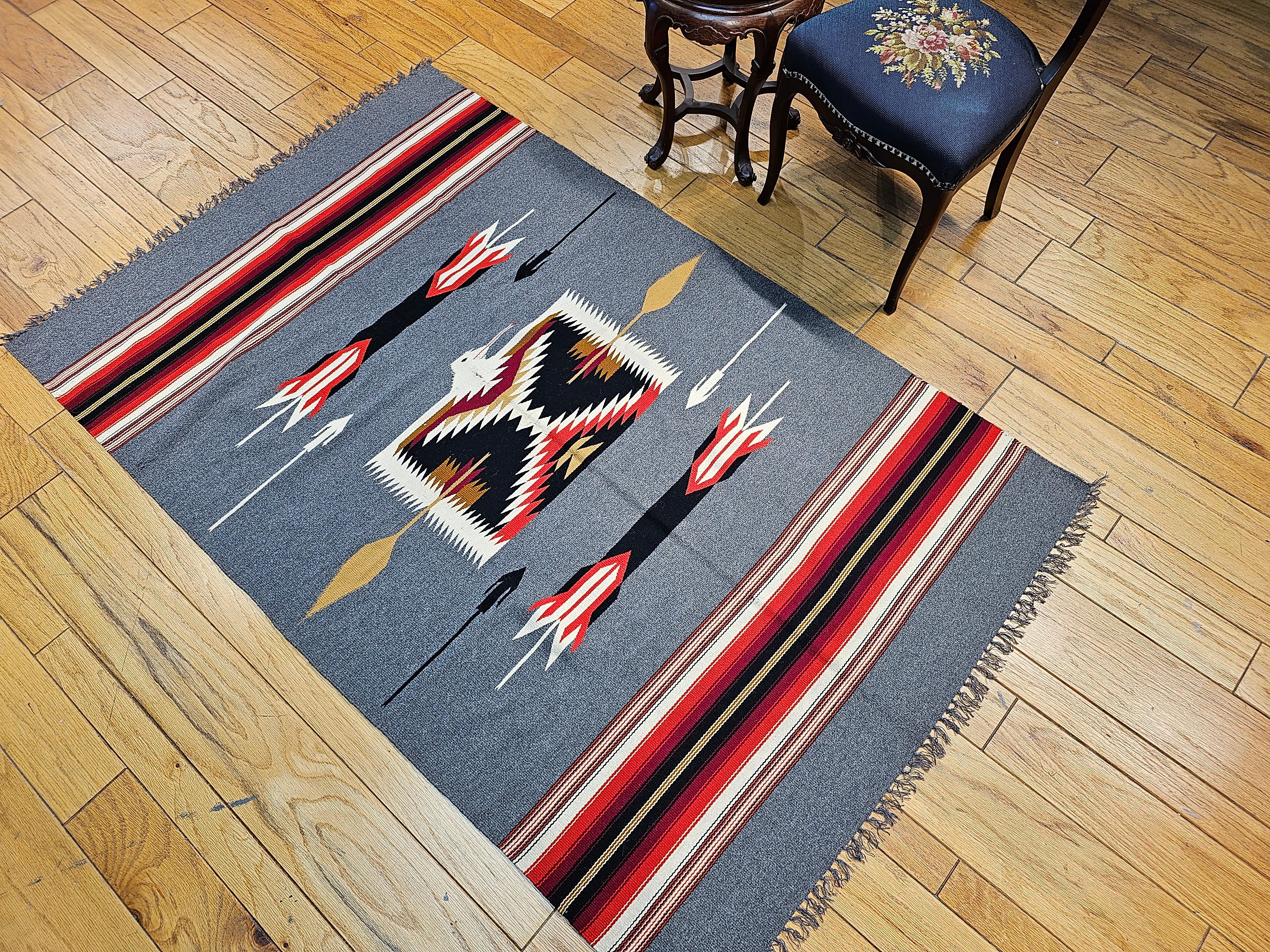 20th Century Southwestern Kilim in Stripe Pattern in Pale Blue, Ivory, Red, Black, Brown For Sale