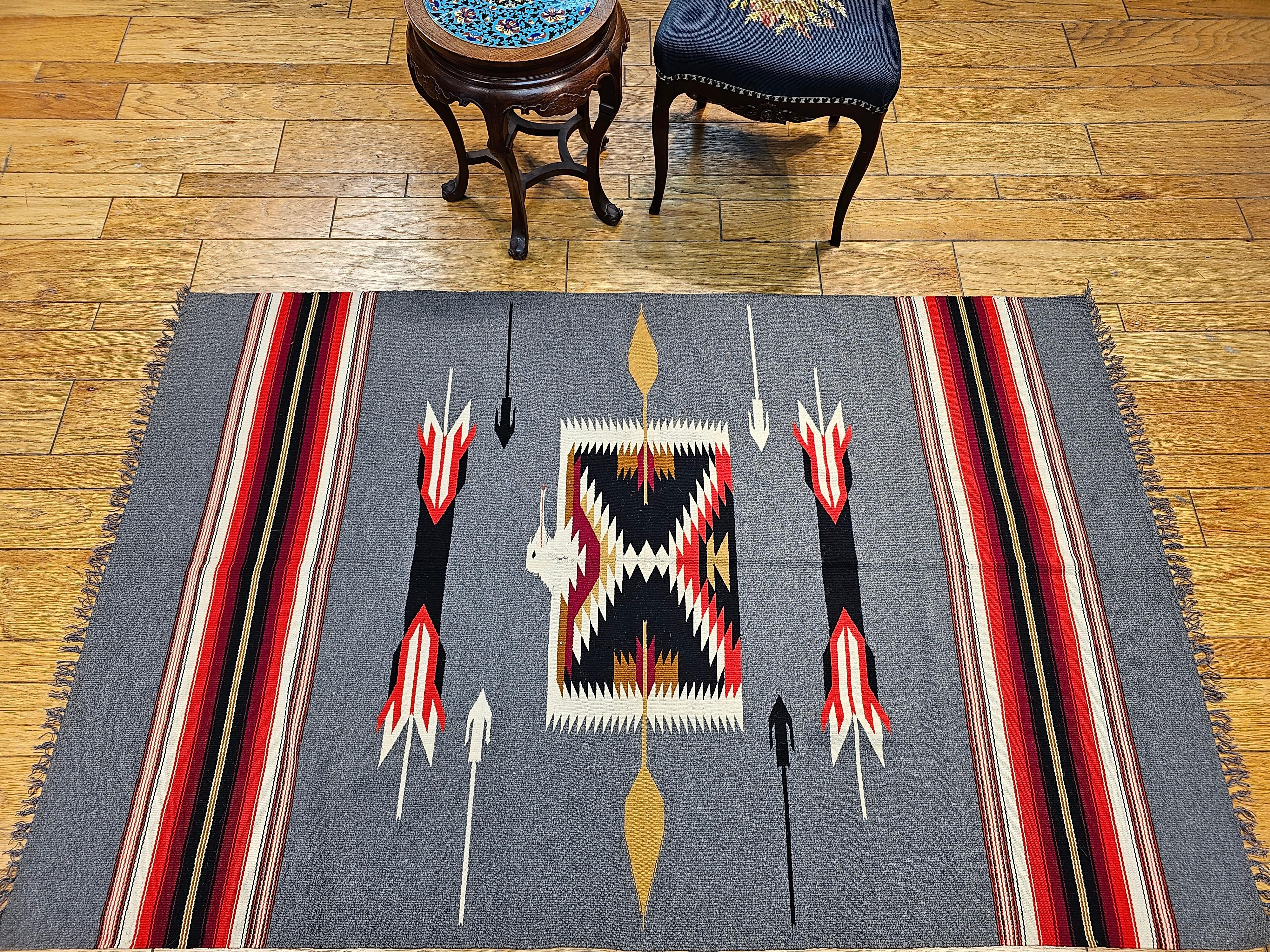 Southwestern Kilim in Stripe Pattern in Pale Blue, Ivory, Red, Black, Brown For Sale 1