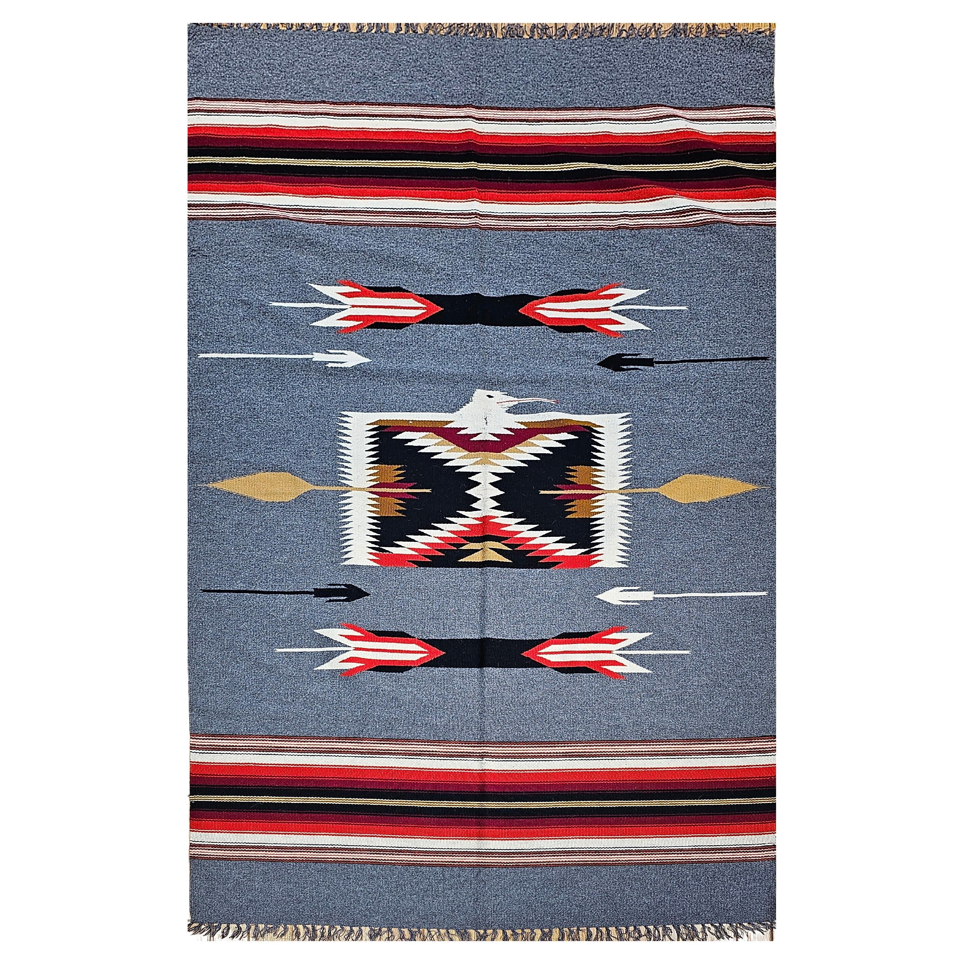 Southwestern Kilim in Stripe Pattern in Pale Blue, Ivory, Red, Black, Brown For Sale