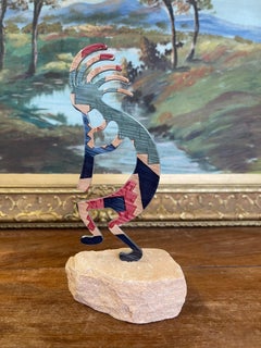 Southwestern Kokopelli Stone Inlay Sculpture on Natural Sandstone Base.