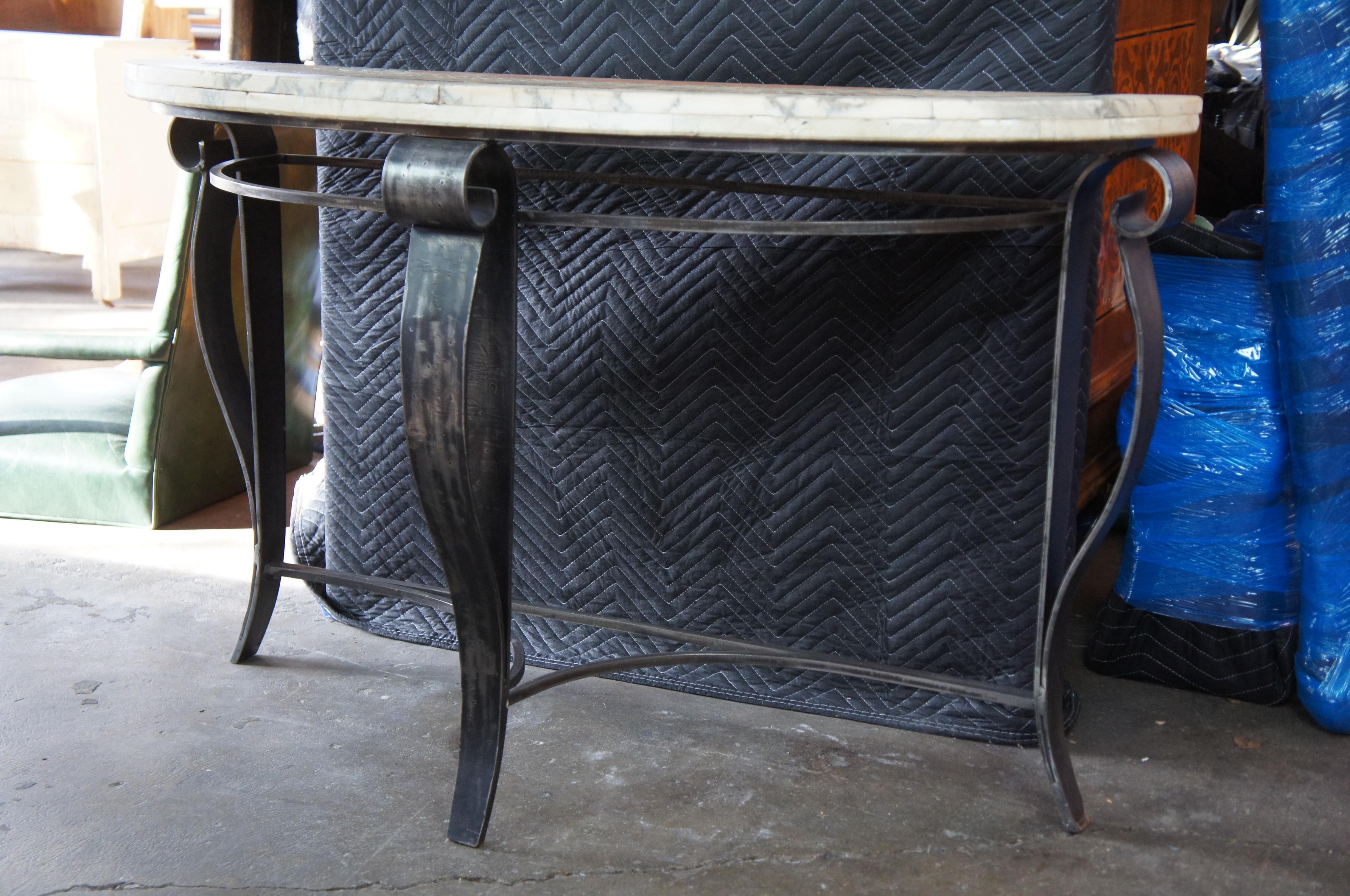 Southwestern Mosaic Tiled Stone Scrolled Iron Base Demilune Console Entry Table In Good Condition In Dayton, OH