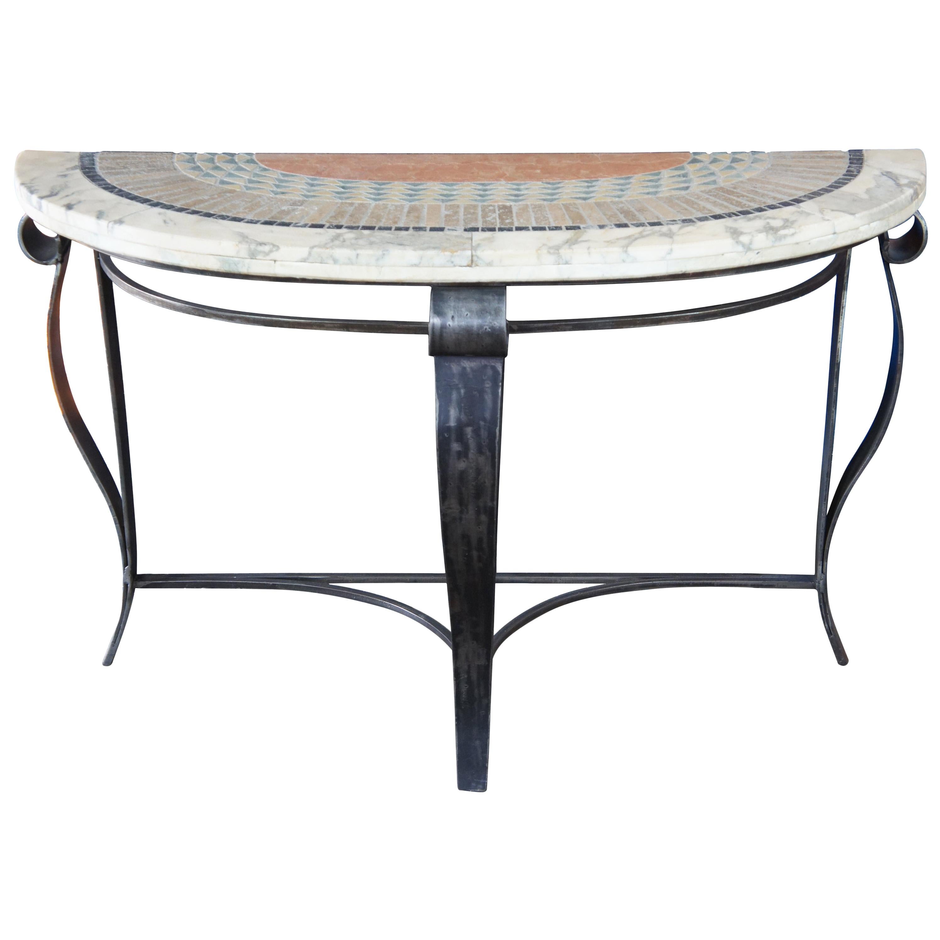 Southwestern Mosaic Tiled Stone Scrolled Iron Base Demilune Console Entry Table For Sale