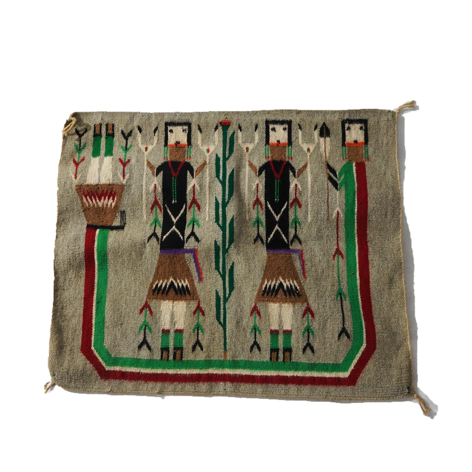 Southwestern Native American Indian Navajo Handwoven Wool Yei Rug “Corn Maidens” C1964

Measures - 26