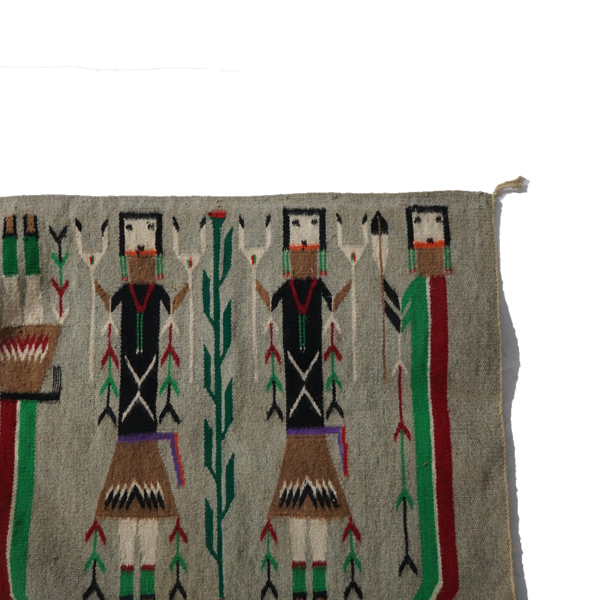 Southwestern Native American Indian Navajo Handwoven Wool Yei Rug “Corn Maidens” In Good Condition In Big Flats, NY