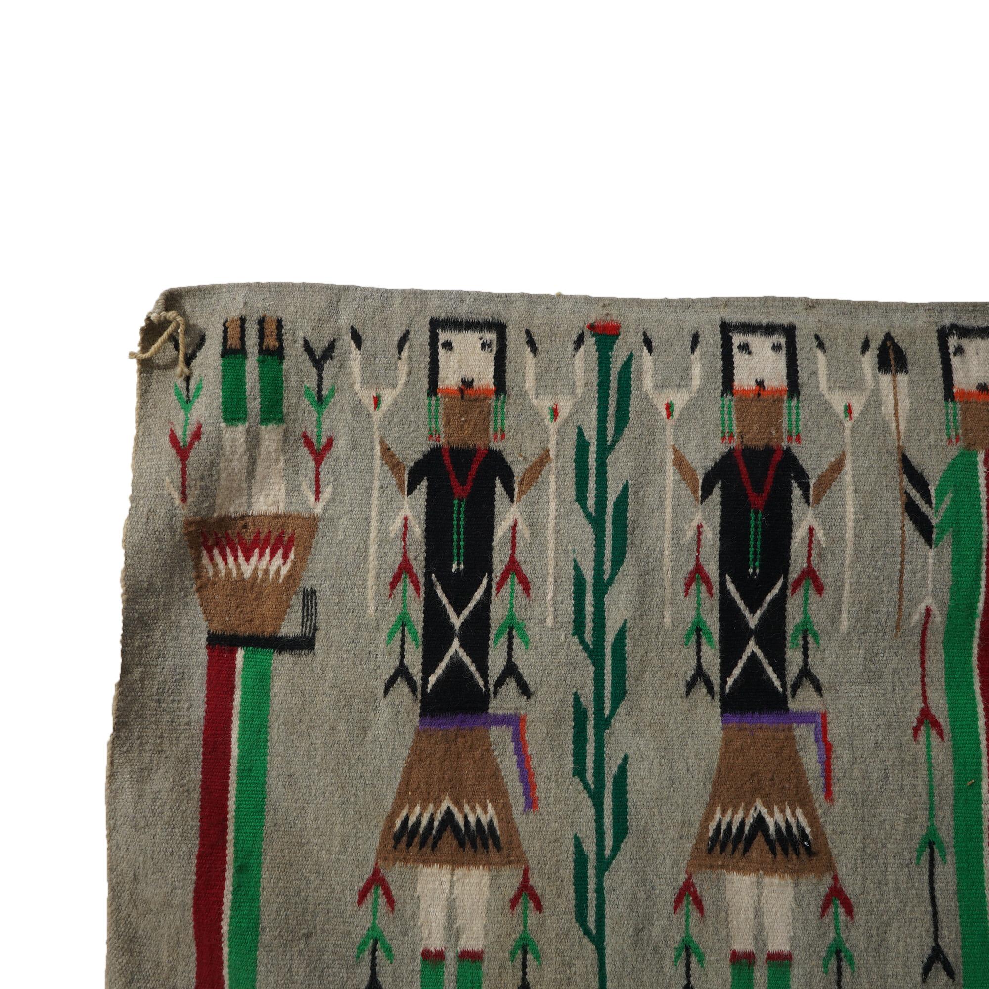 20th Century Southwestern Native American Indian Navajo Handwoven Wool Yei Rug “Corn Maidens”