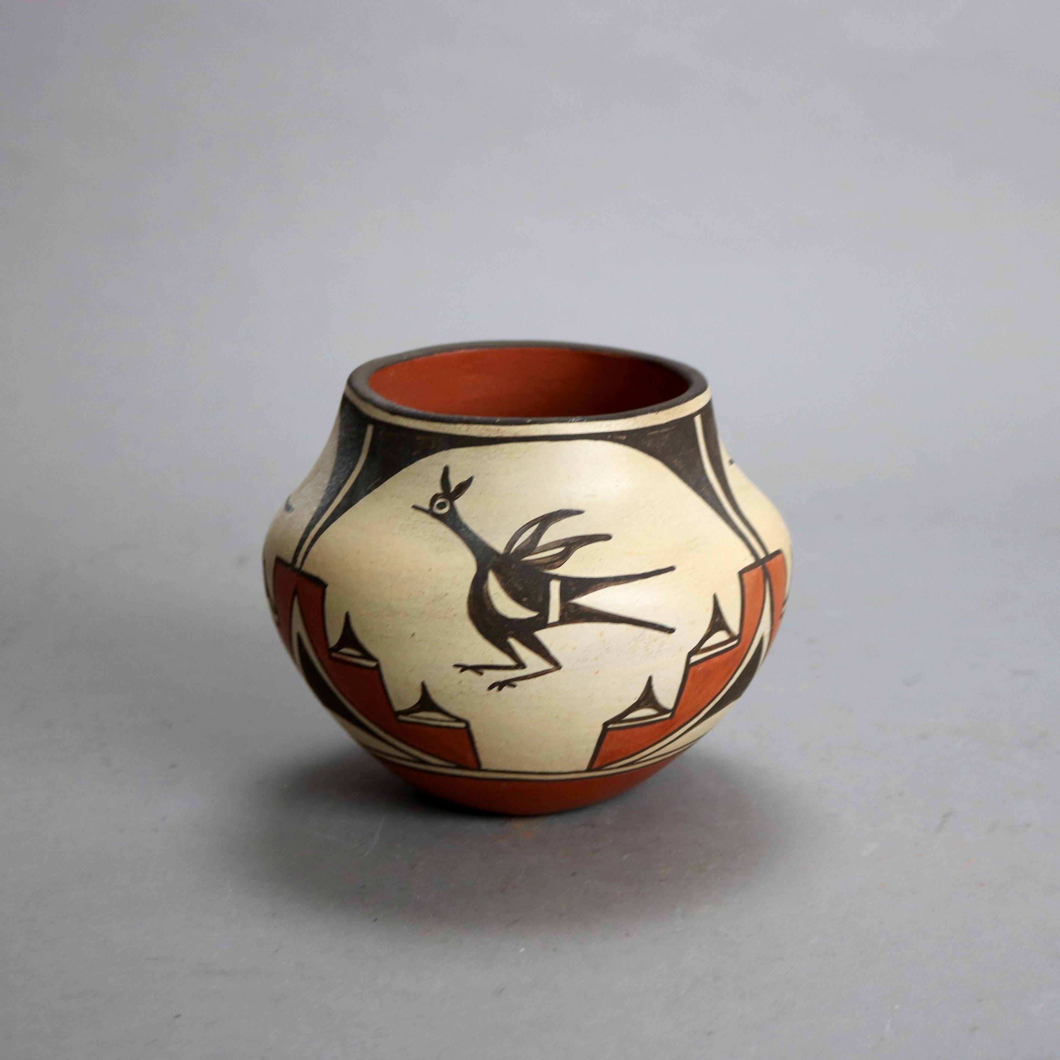 North American Southwestern Native American Zia Pueblo Pottery Vase with Bird by E Medina 20thC