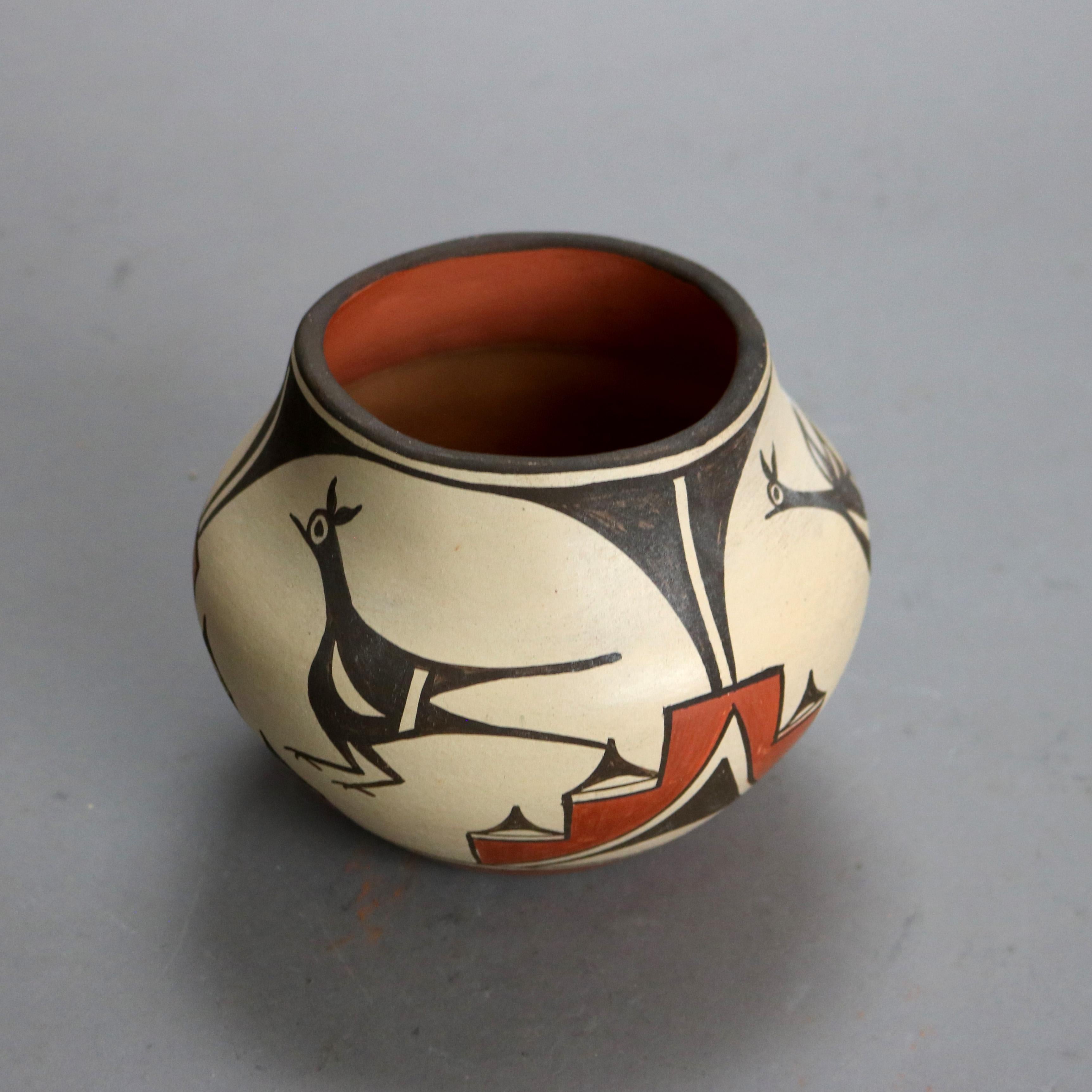 20th Century Southwestern Native American Zia Pueblo Pottery Vase with Bird by E Medina 20thC