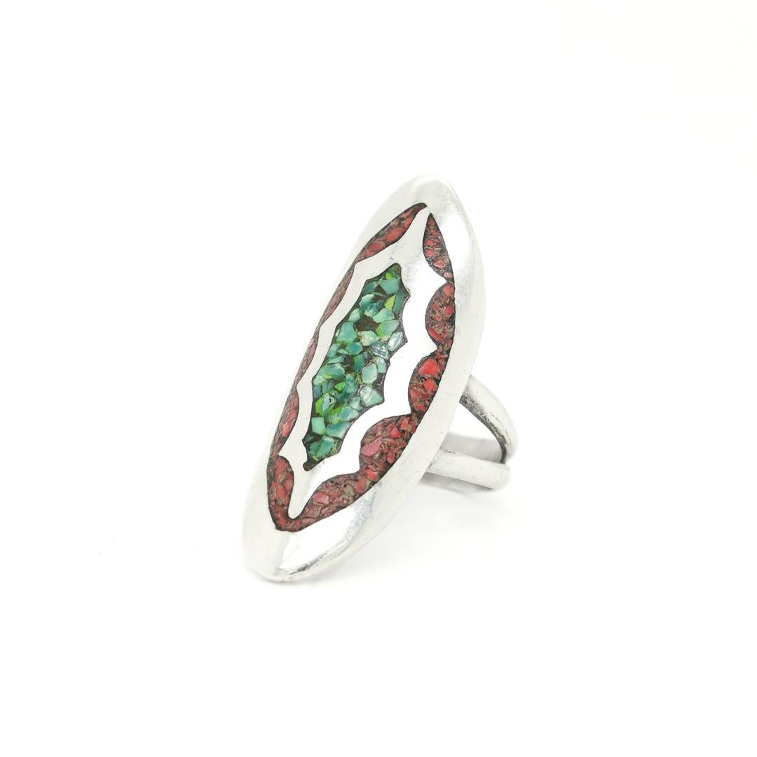 Round Cut Southwestern Navette Shaped Silver, Chip Turquoise & Spiny Oyster Ring by YKE For Sale