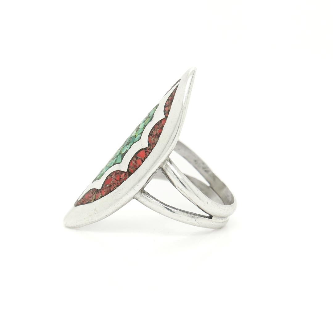 Women's or Men's Southwestern Navette Shaped Silver, Chip Turquoise & Spiny Oyster Ring by YKE For Sale
