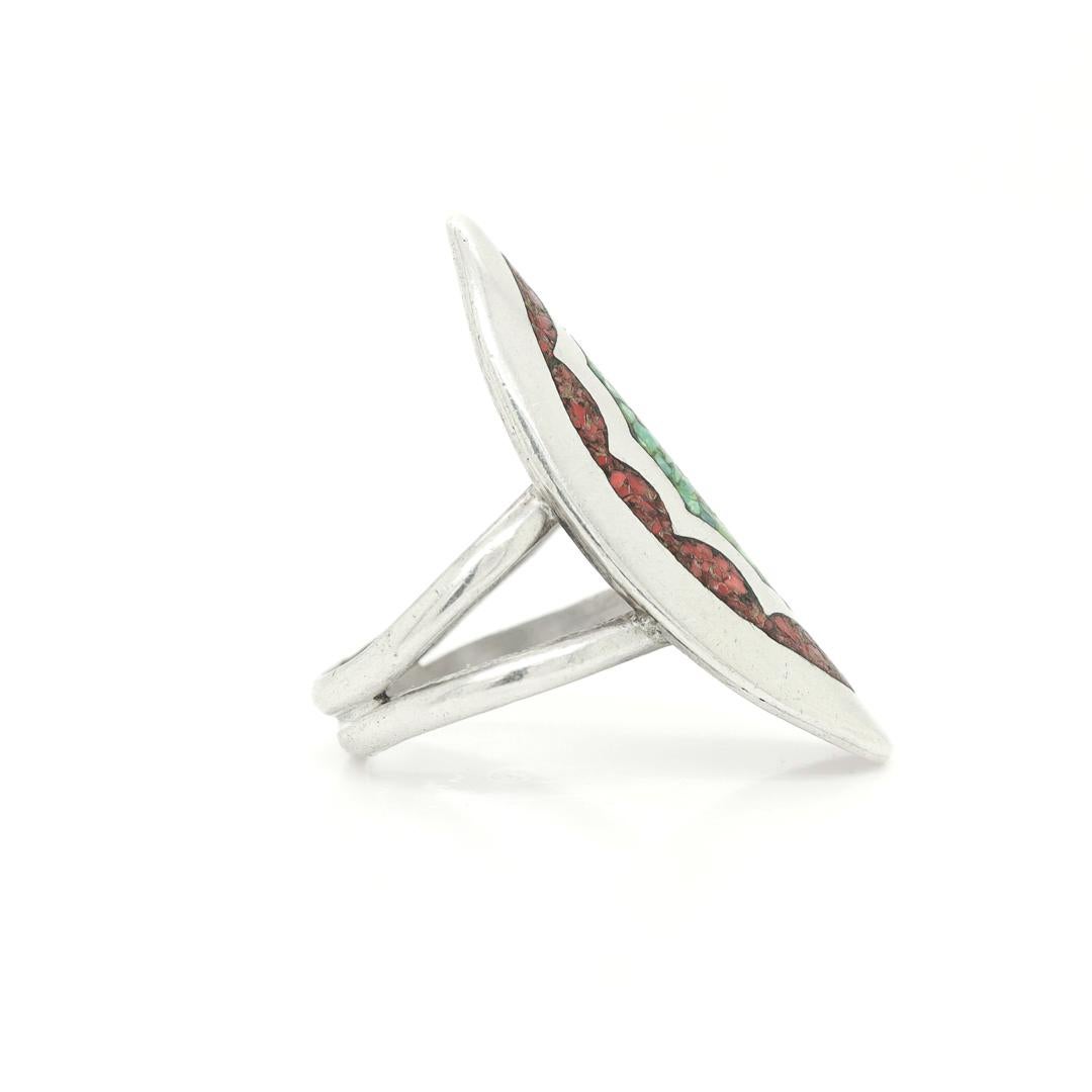 Southwestern Navette Shaped Silver, Chip Turquoise & Spiny Oyster Ring by YKE For Sale 3