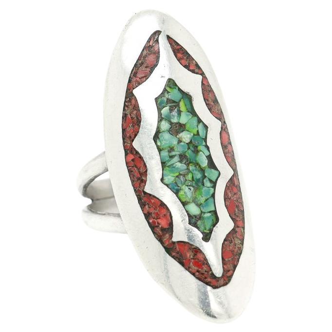 Southwestern Navette Shaped Silver, Chip Turquoise & Spiny Oyster Ring by YKE For Sale