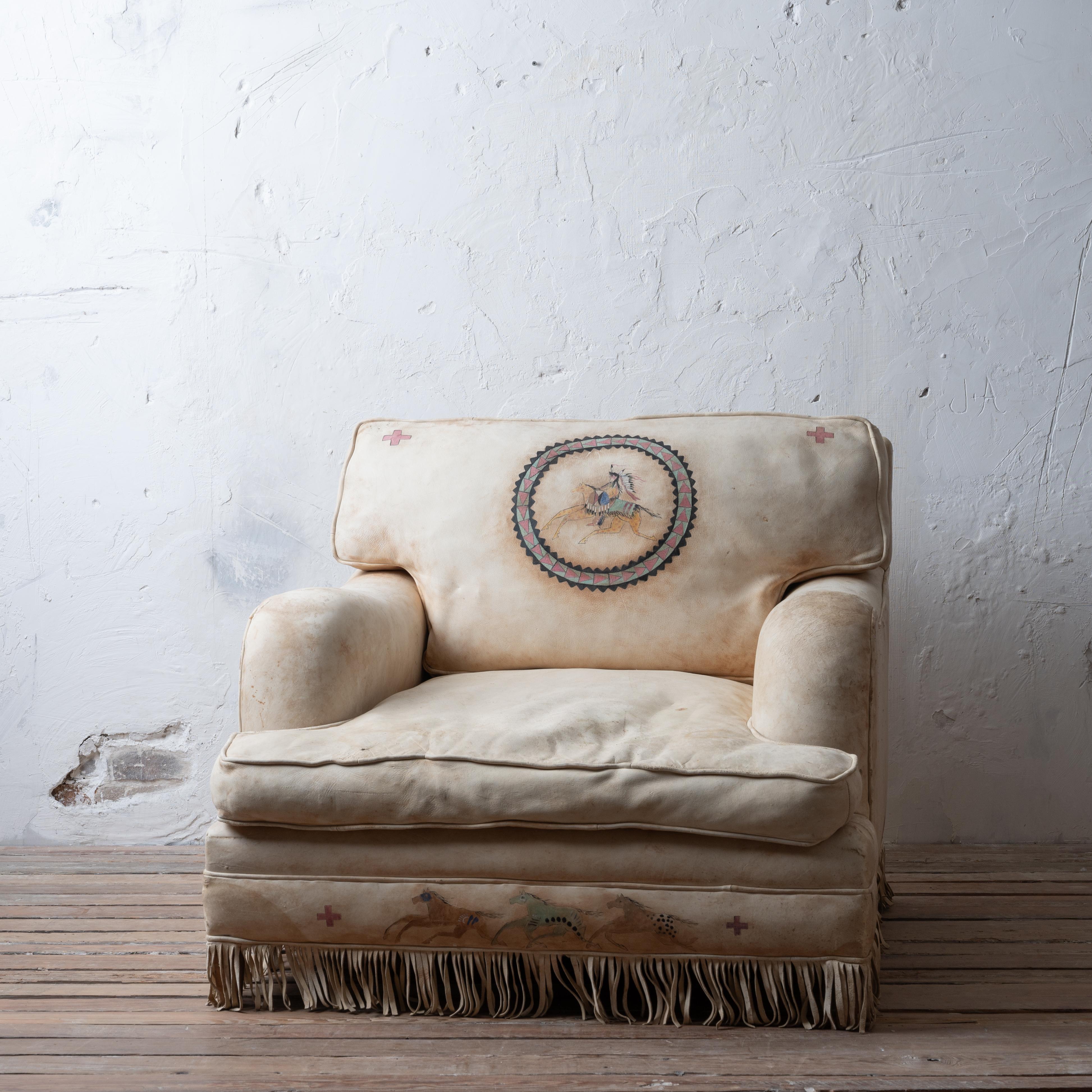 American Southwestern Painted Buckskin Lounge Chair For Sale