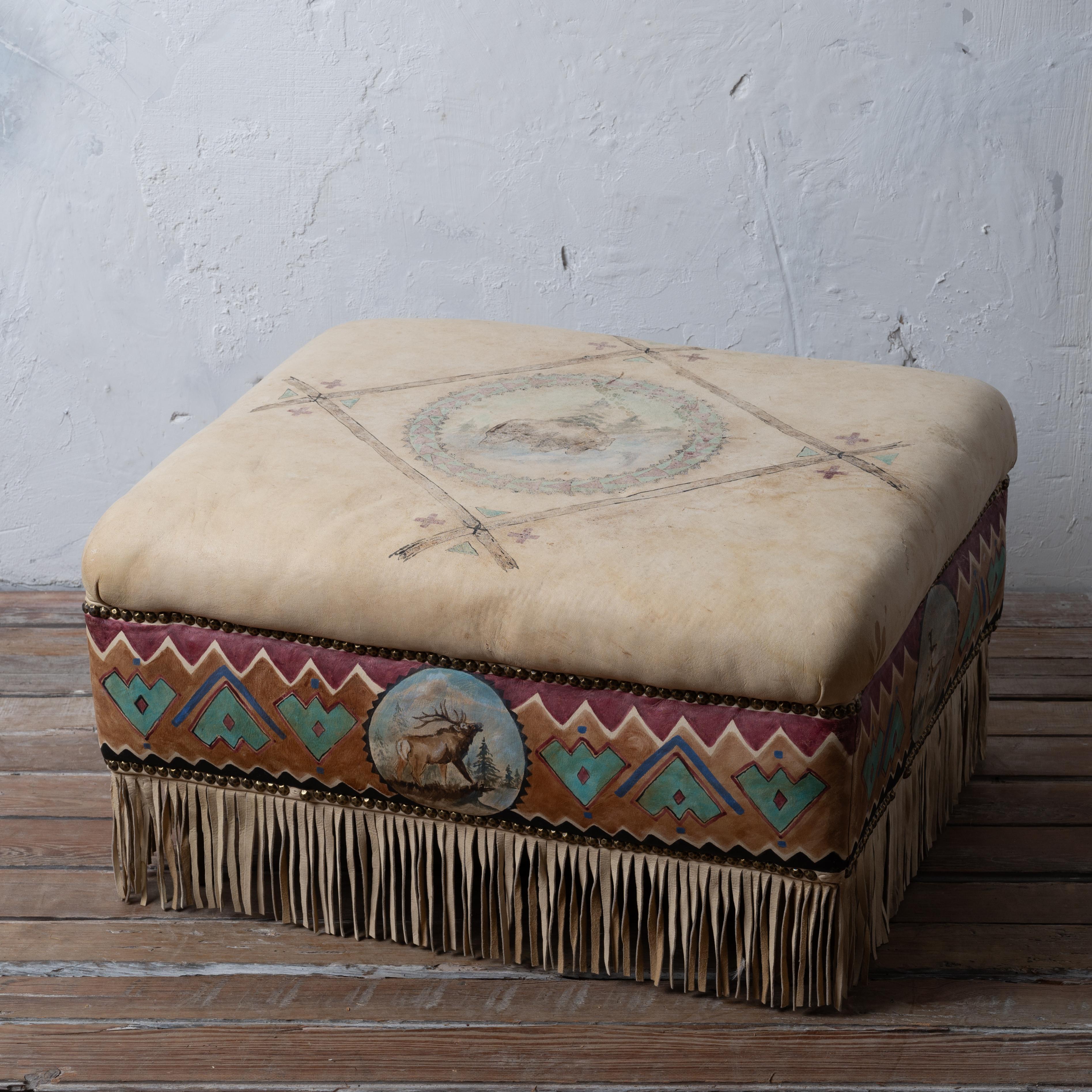 Navajo Southwestern Painted Buckskin Ottoman