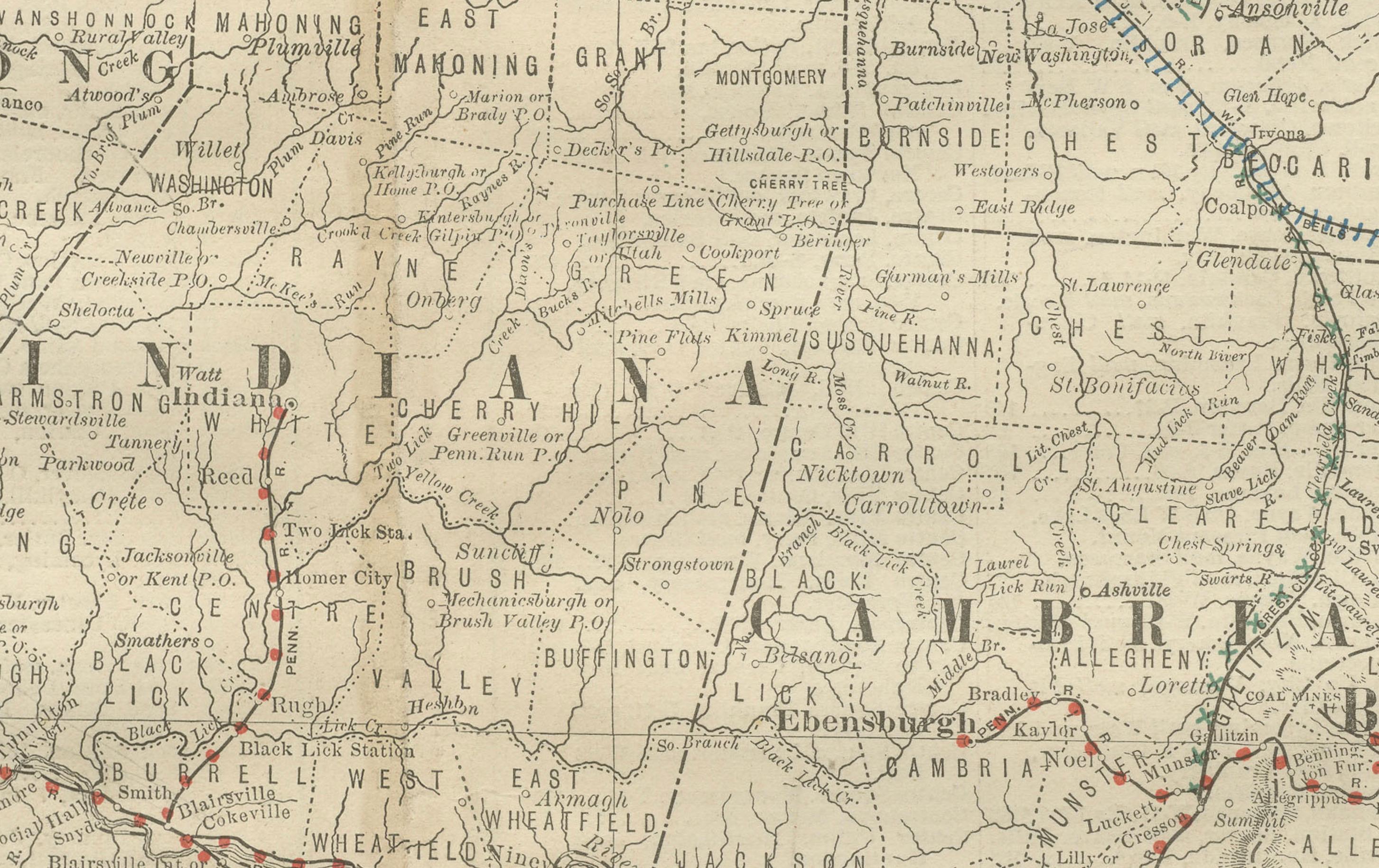 Mapa Antiguo del Sudoeste de Pensilvania c.1888 - Condados y Ciudades del Estado de Keystone Estadounidense en venta